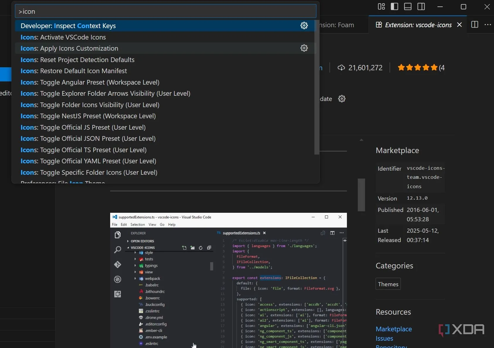Các icon tùy chỉnh của tiện ích vscode-icons hiển thị cho các loại tệp và thư mục khác nhau trong VS Code.