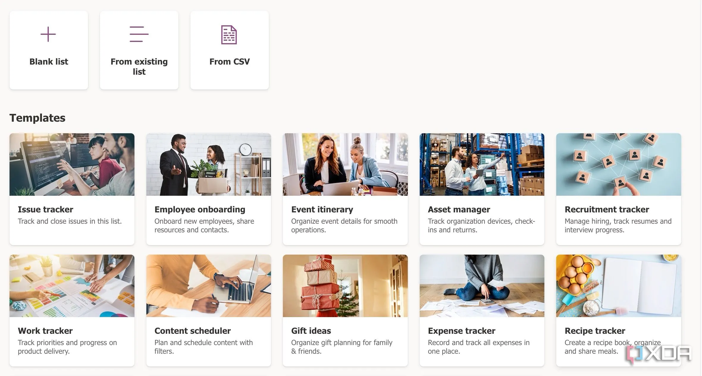 Các mẫu danh sách có sẵn trong Microsoft Lists, bao gồm Blank List và Issue Tracker