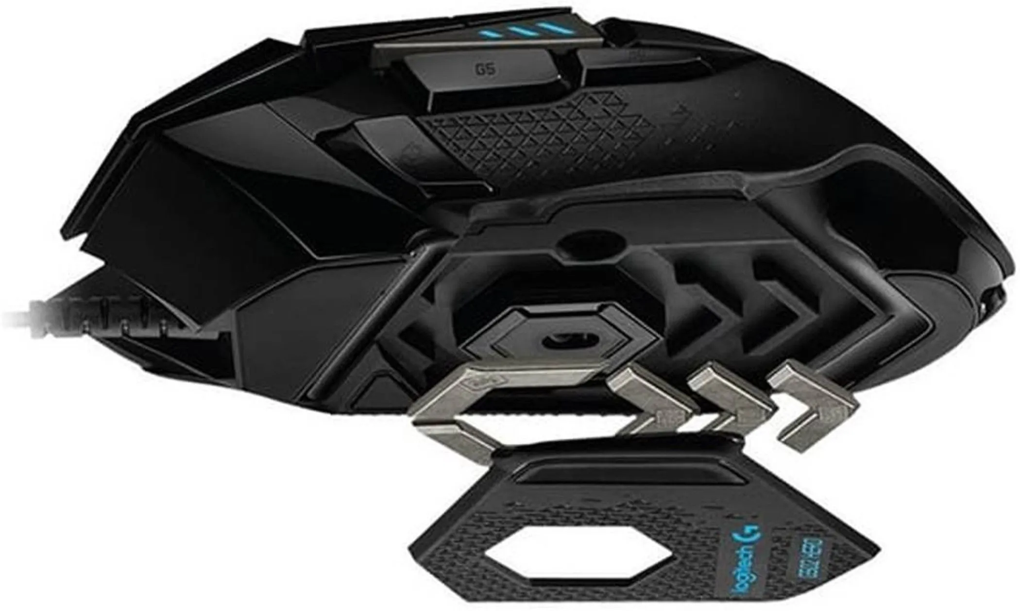 Các miếng tạ điều chỉnh trọng lượng chuột gaming Logitech G502, minh họa tính năng tùy chỉnh khối lượng.