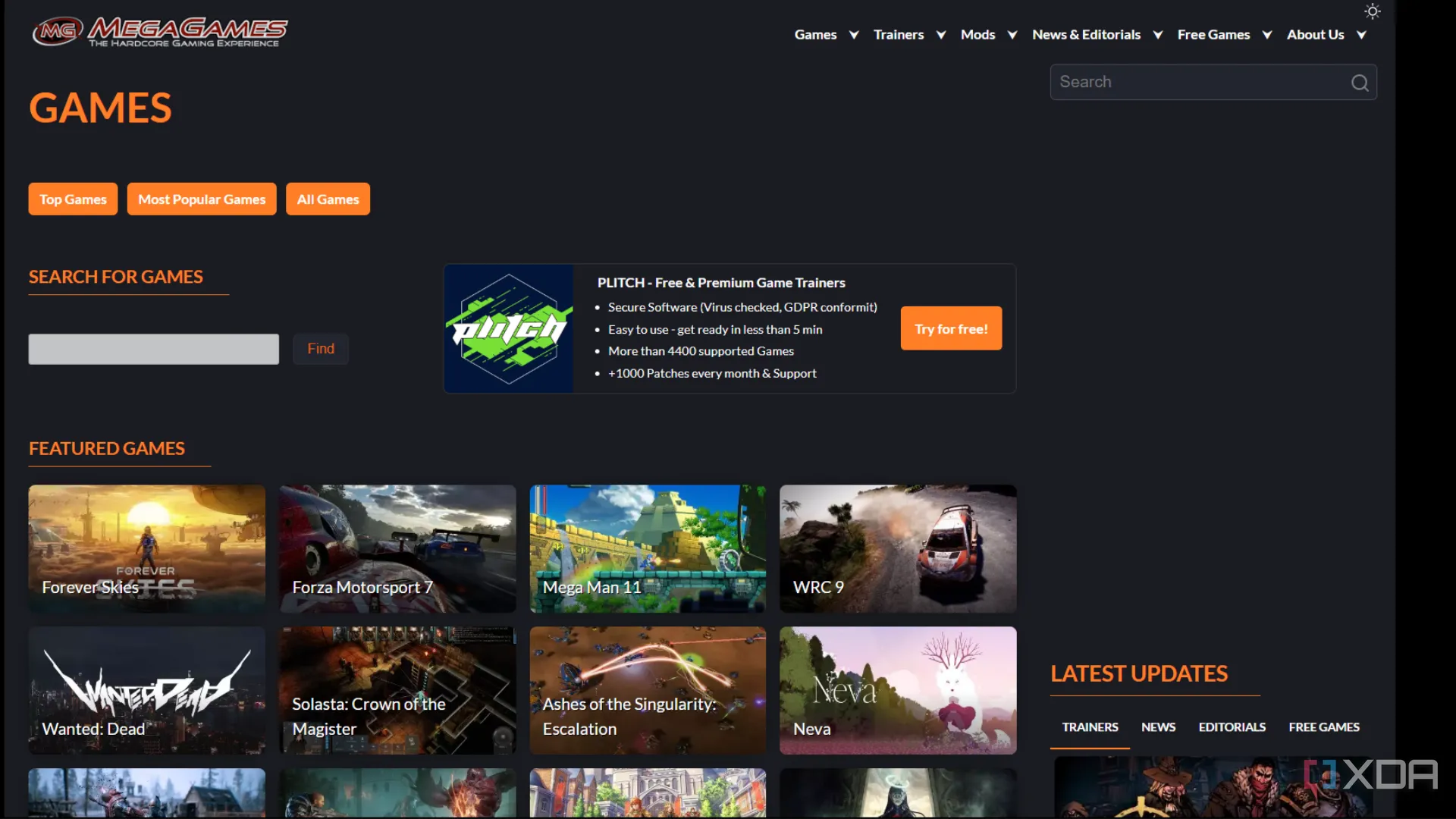 Các tựa game miễn phí được hiển thị trên trang web Mega Games