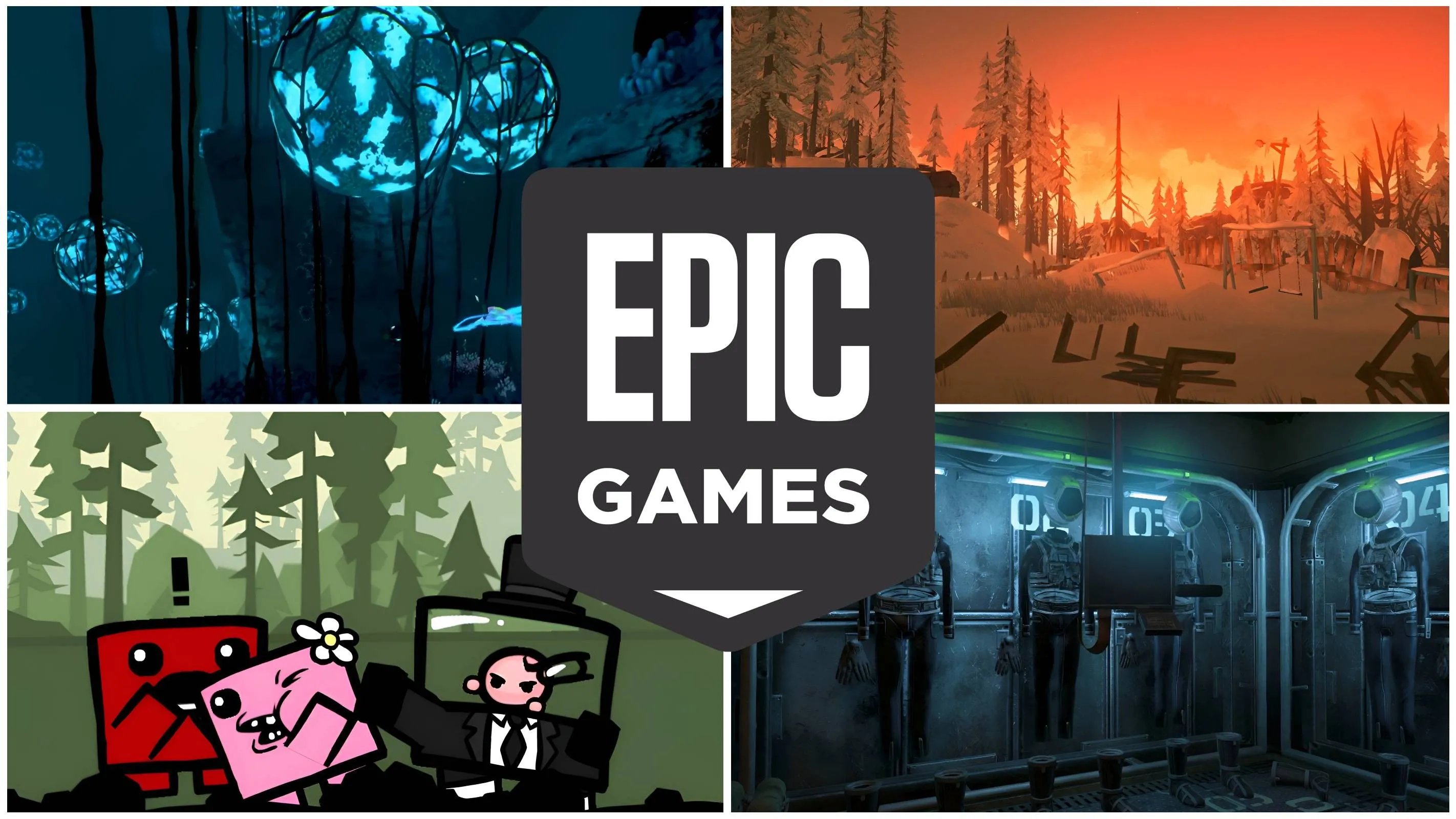 Các tựa game miễn phí nổi bật trên Epic Games Store, với logo Epic Games ở giữa màn hình.