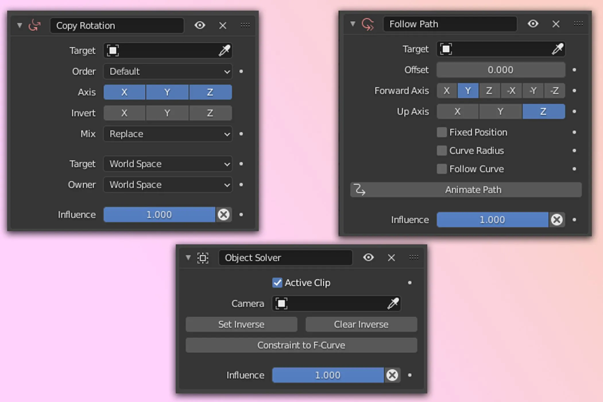 Các ví dụ về ràng buộc đối tượng (constraints) trong Blender, giúp kiểm soát các yếu tố riêng lẻ