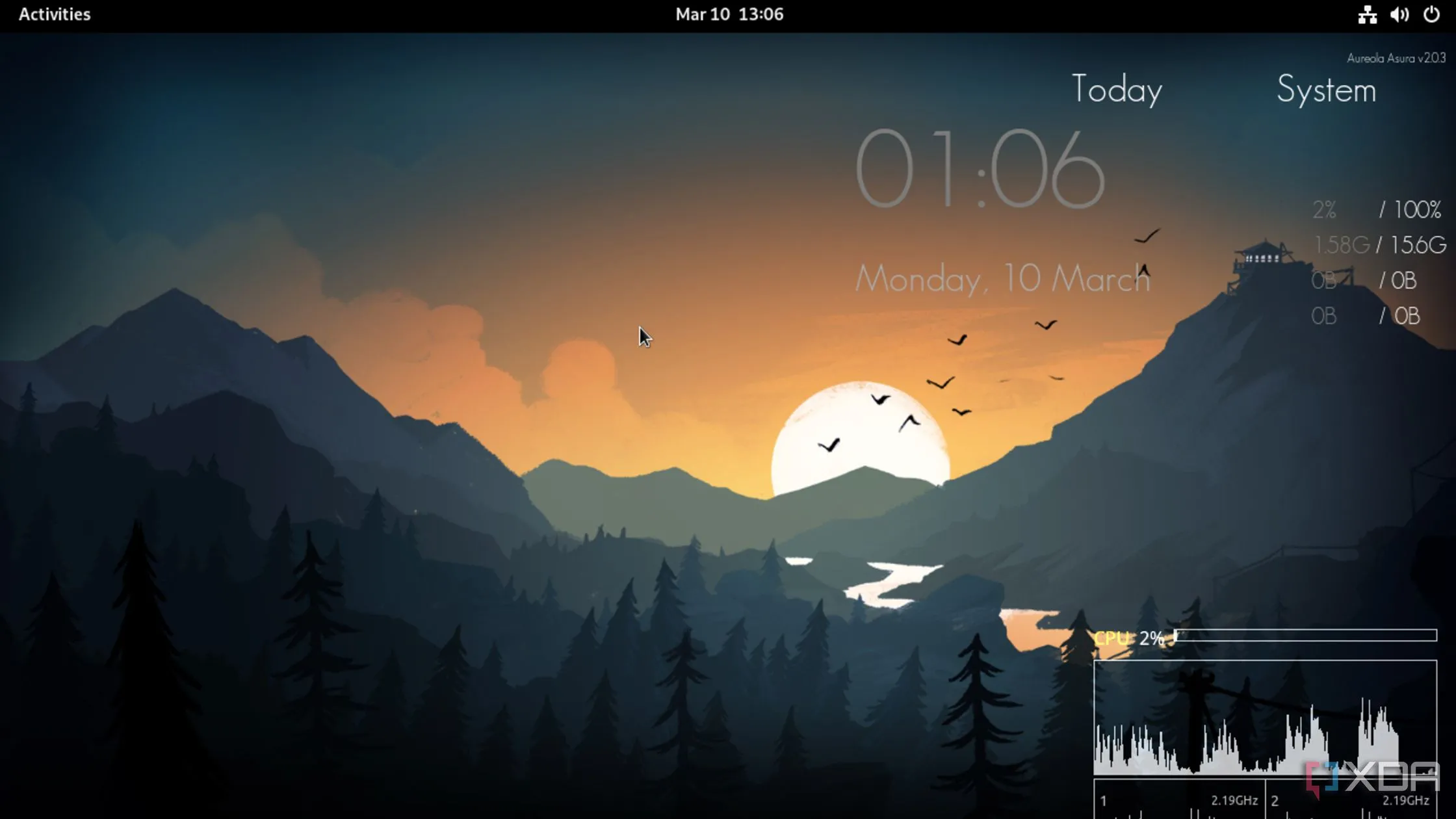 Các widget của Conky hiển thị trên màn hình desktop Linux, tương tự như Rainmeter trên Windows