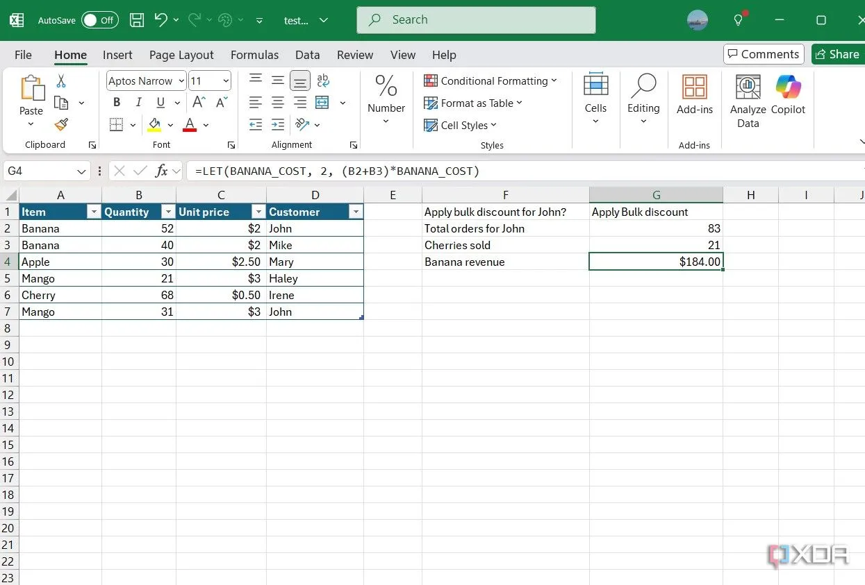 Cách hàm LET định nghĩa biến BANANA_COST trong Excel, giúp công thức dễ đọc và quản lý hơn.