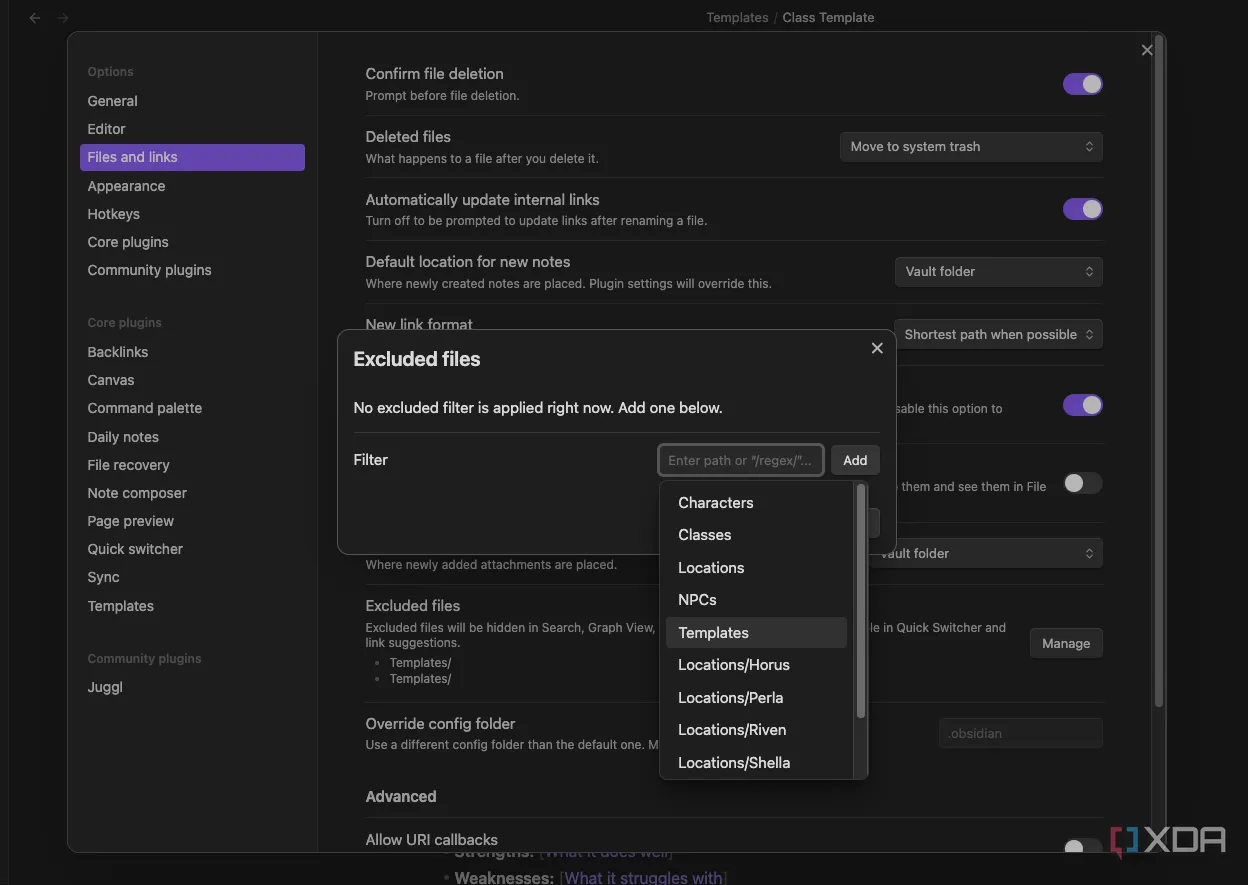 Cài đặt ẩn thư mục Templates trong Obsidian để tối ưu hiển thị trên biểu đồ và tìm kiếm.