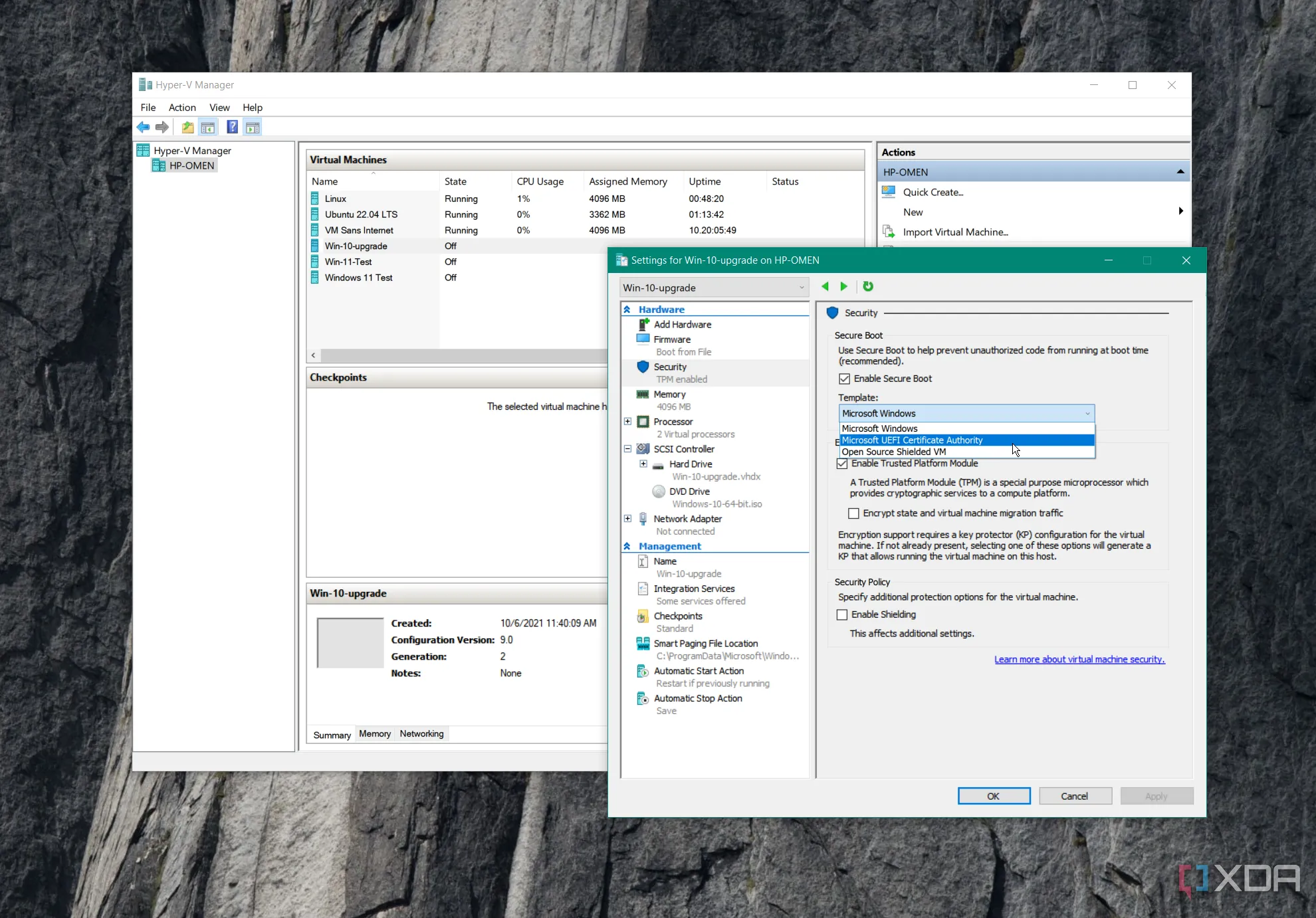 Cài đặt bảo mật TPM cho máy ảo Hyper-V trên Windows 10 Pro, đảm bảo an toàn dữ liệu.