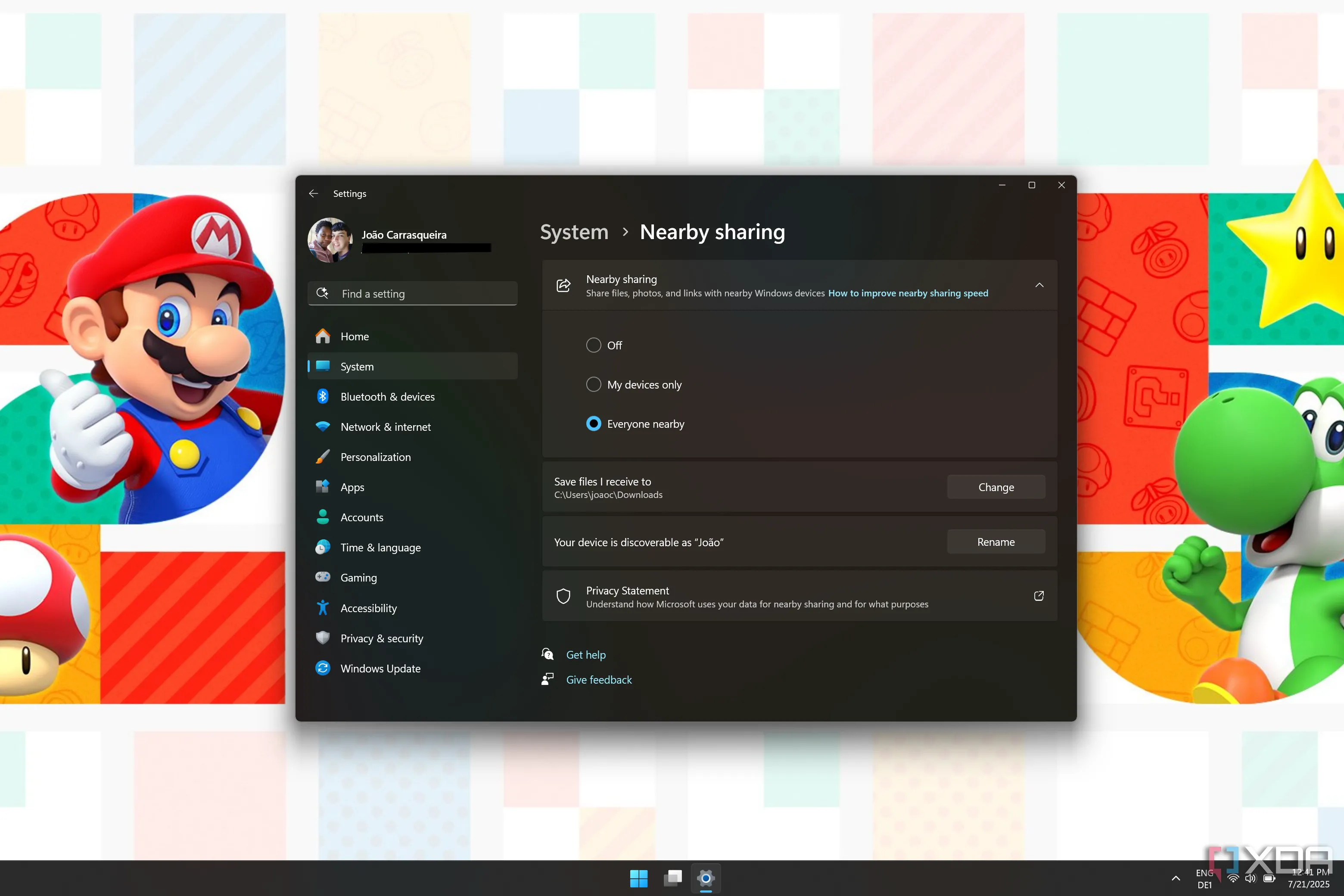 Cài đặt Chia sẻ lân cận (Nearby Sharing) đã được bật trong Windows 11, hiển thị tùy chọn cho phép mọi người hoặc chỉ thiết bị của bạn chia sẻ file.