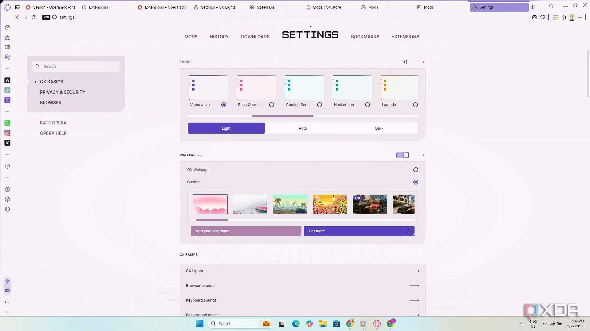 Cài đặt của trình duyệt Opera GX hiển thị các tùy chọn cá nhân hóa nâng cao