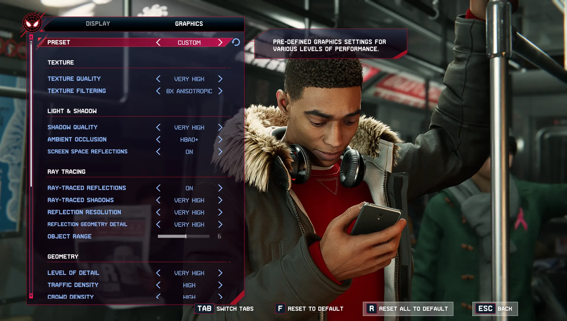 Cài đặt đồ họa trong game Spider-Man: Miles Morales, minh họa các tùy chọn tối ưu hiệu suất.