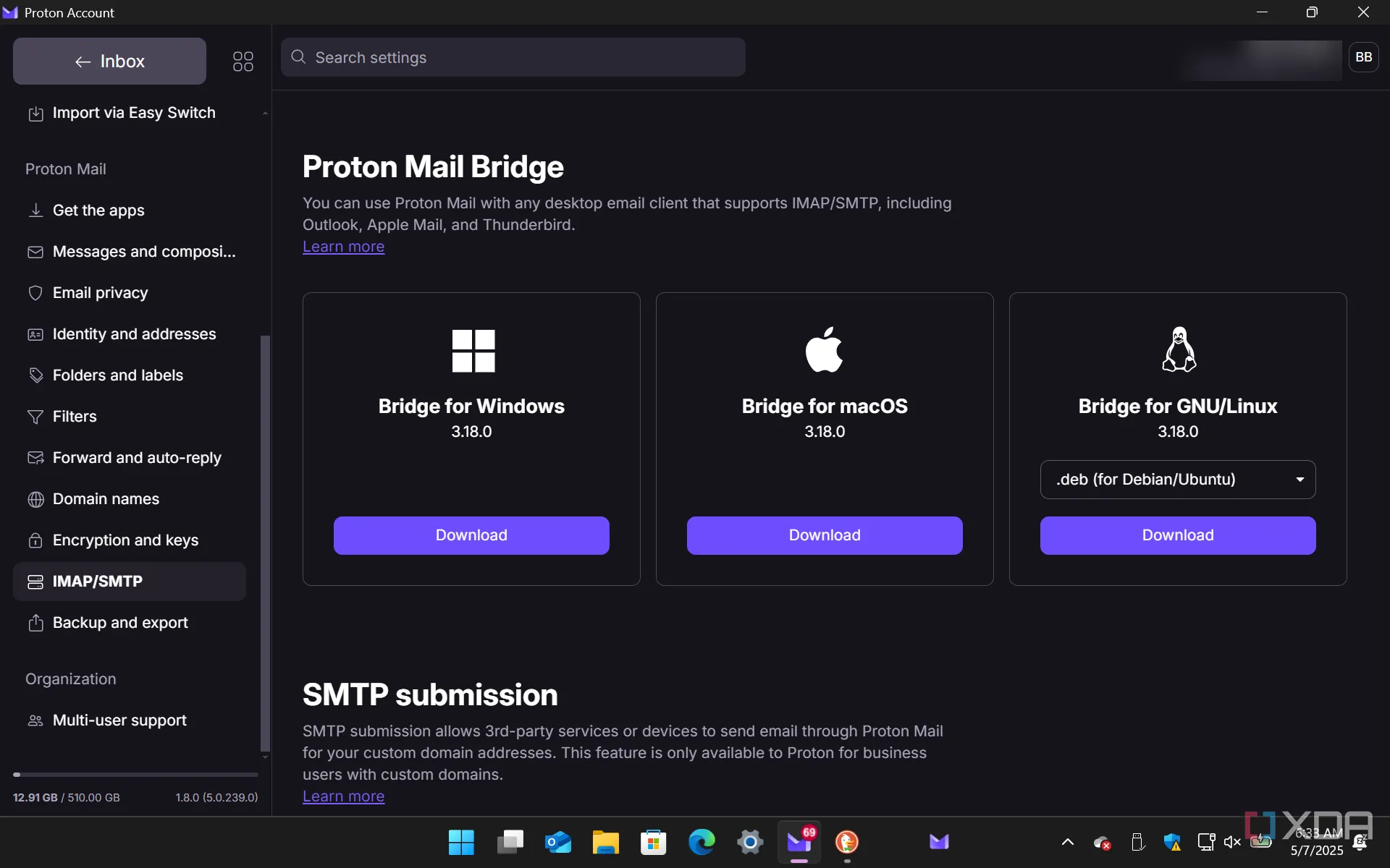 Cài đặt Proton Mail hiển thị các tùy chọn cấu hình IMAP/SMTP và Proton Mail Bridge, phục vụ việc kết nối với các ứng dụng email khác.