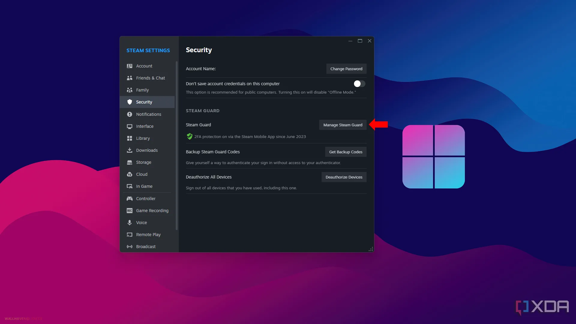 Cài đặt Steam Guard trong menu bảo mật tài khoản Steam