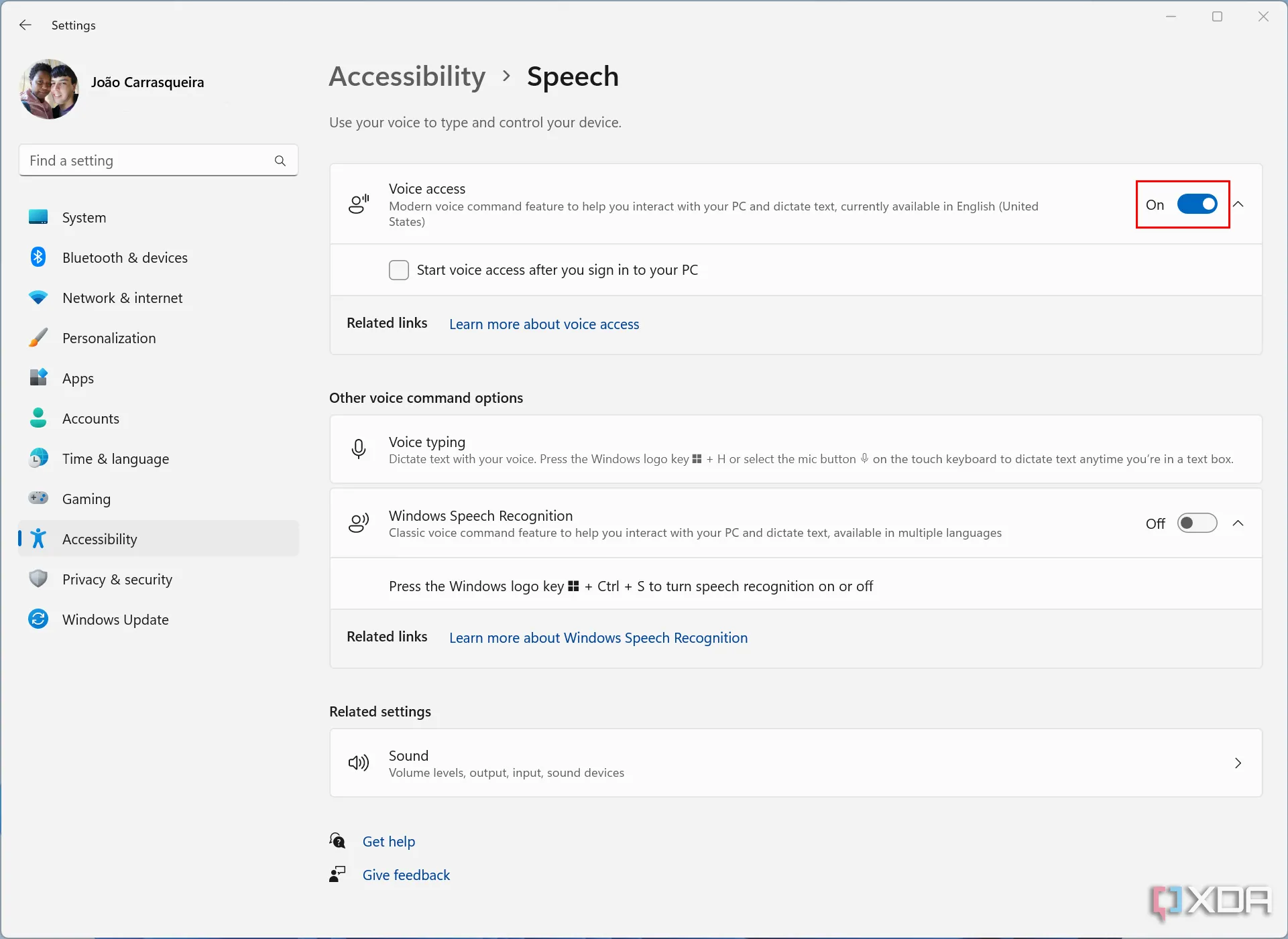 Cài đặt Voice Access đã bật trong phần Speech thuộc mục Accessibility của Windows 11 Settings
