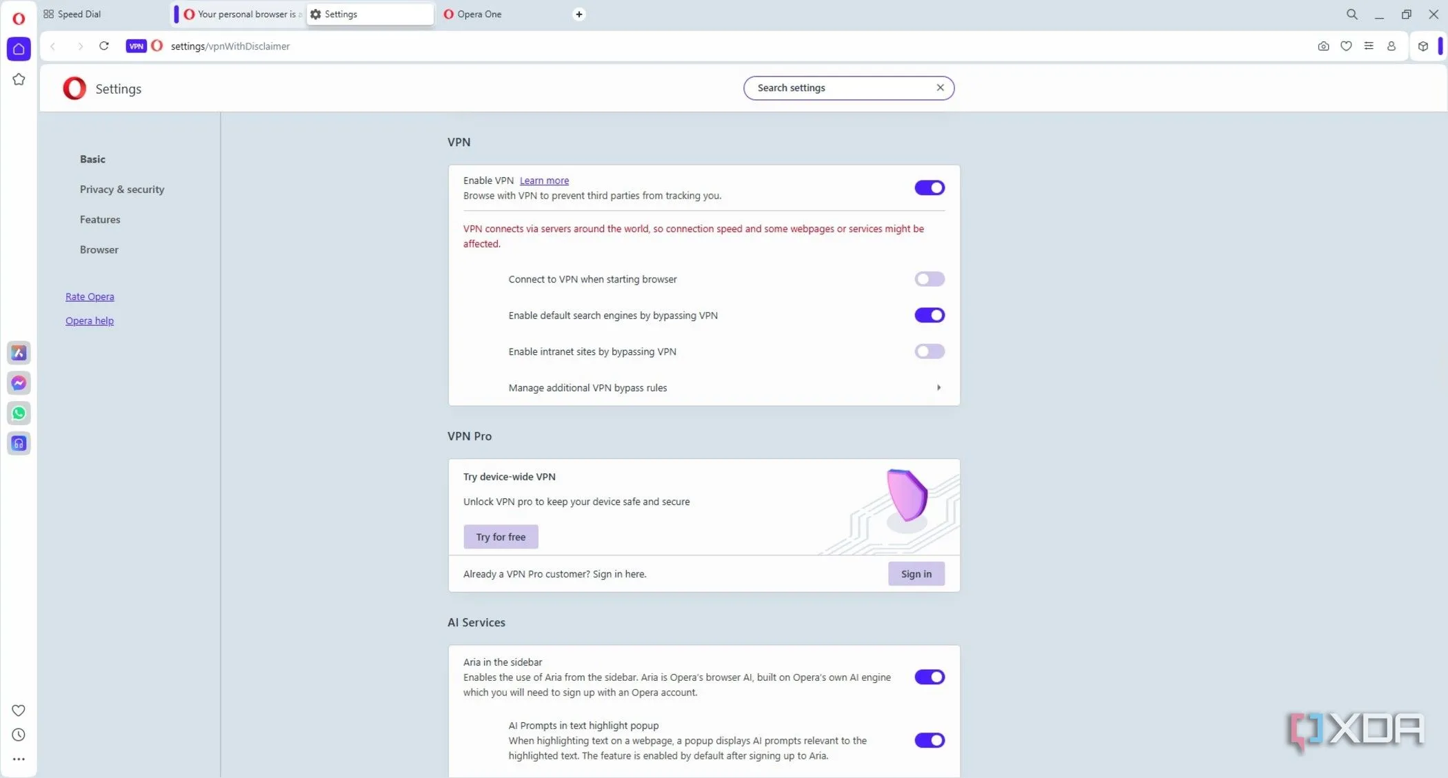 Cài đặt VPN tích hợp trong trình duyệt Opera, hiển thị tùy chọn bật/tắt VPN và chọn vị trí ảo.