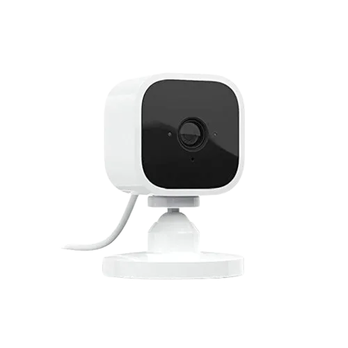 Camera an ninh Blink Mini màu trắng, nhỏ gọn cho giám sát trong nhà.