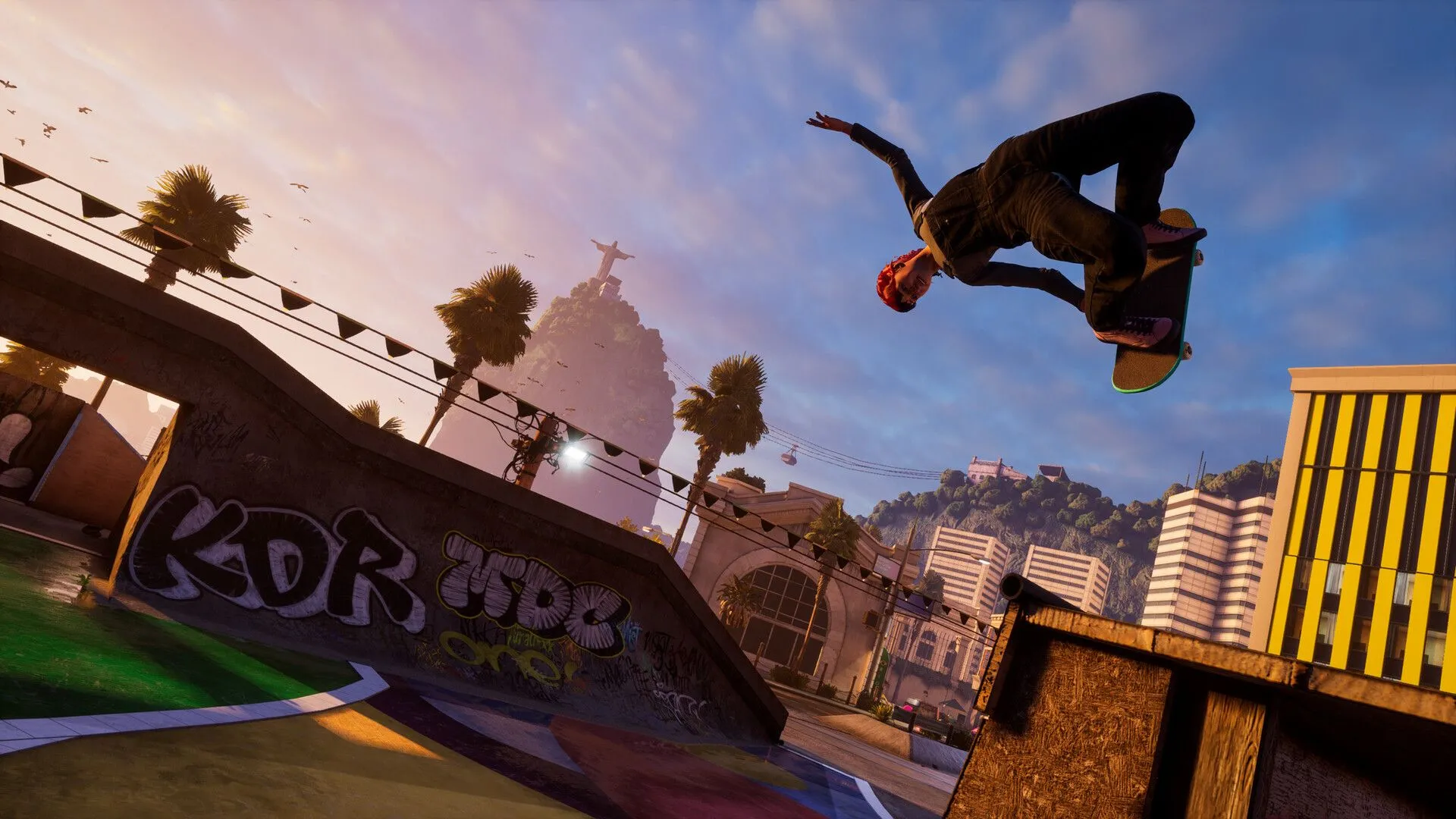 Cận cảnh một vận động viên trượt ván đang thực hiện trick trên ván của mình trong Tony Hawk's Pro Skater 3 + 4