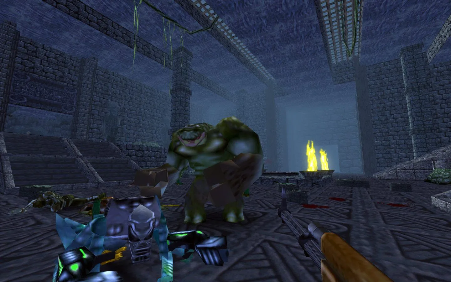 Cảnh chiến đấu kịch tính trong Turok Remaster với người chơi đối đầu quái vật trong hành lang đá tối