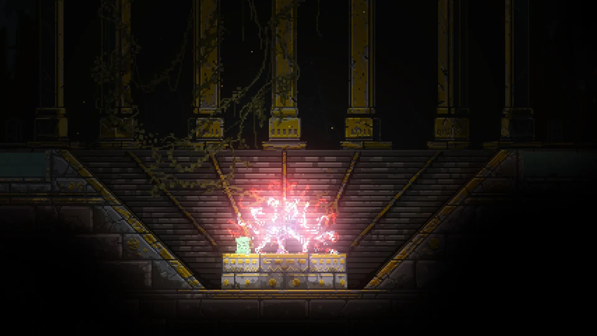 Cảnh chiến đấu và phép thuật rực rỡ trong game Noita, một tựa game platformer roguelite độc đáo