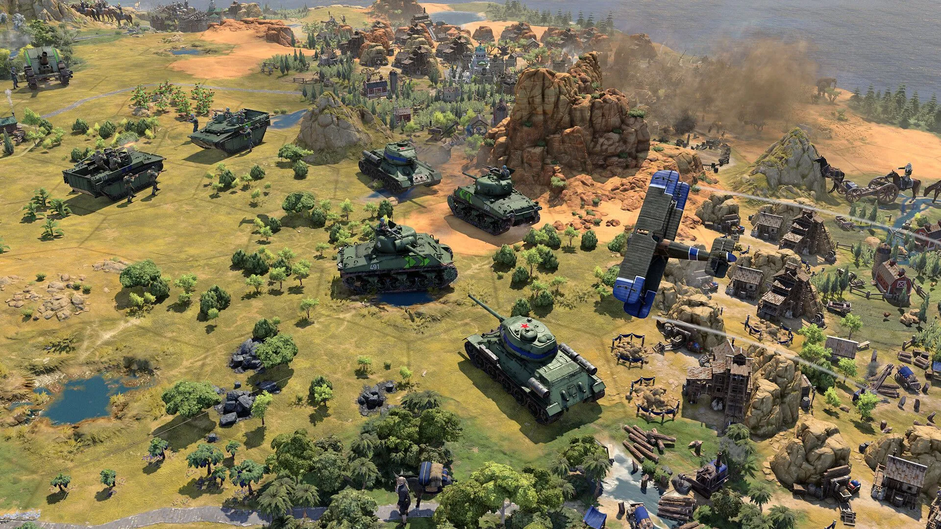 Cảnh chiến tranh giữa các quân đội trong Civilization 7 với đồ họa chi tiết
