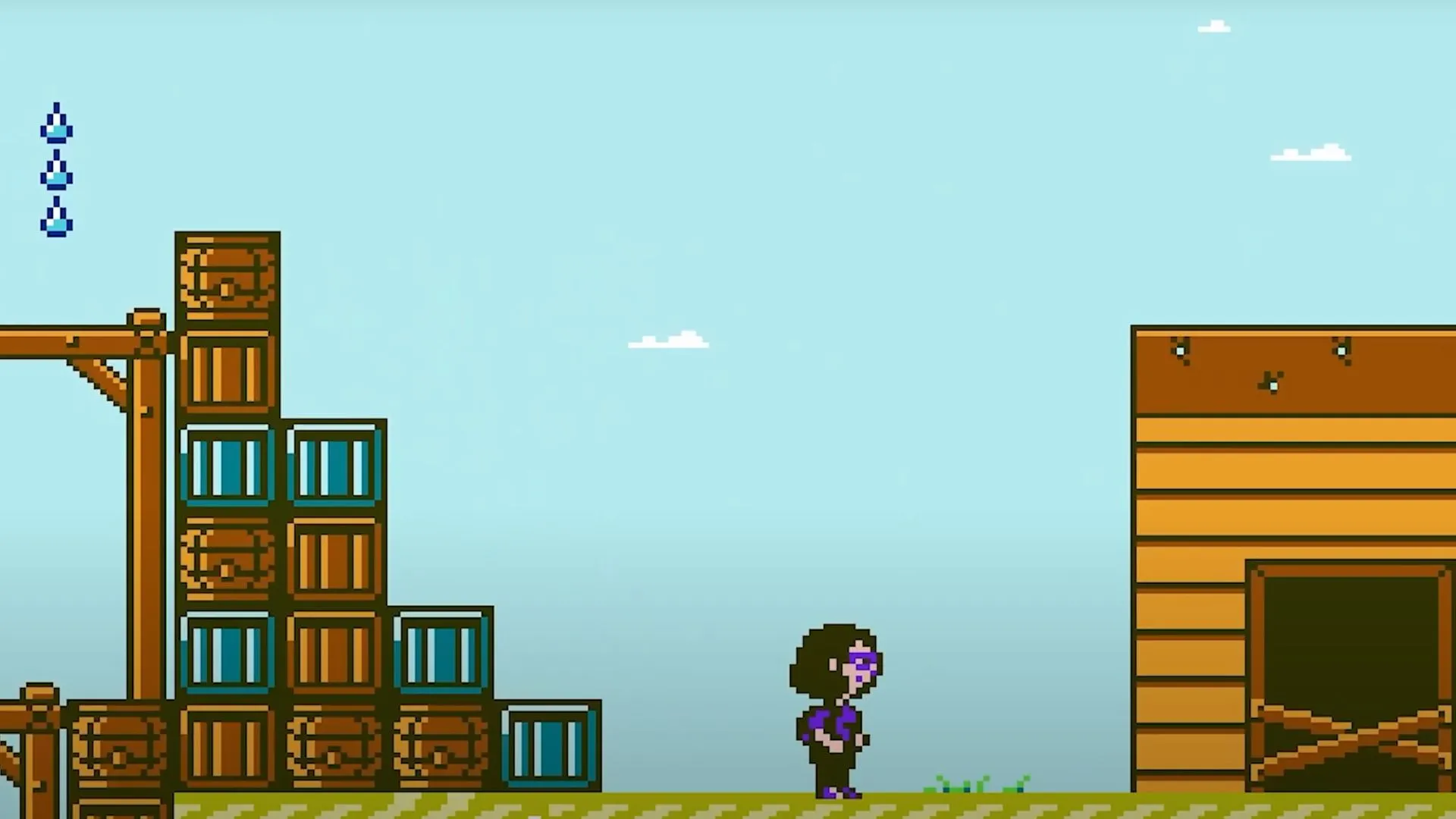 Cảnh chơi game Echoes of the Unread trên hệ máy NES, thể hiện đồ họa 8-bit cổ điển với nhân vật Rhapsody trong thế giới phiêu lưu đầy màu sắc