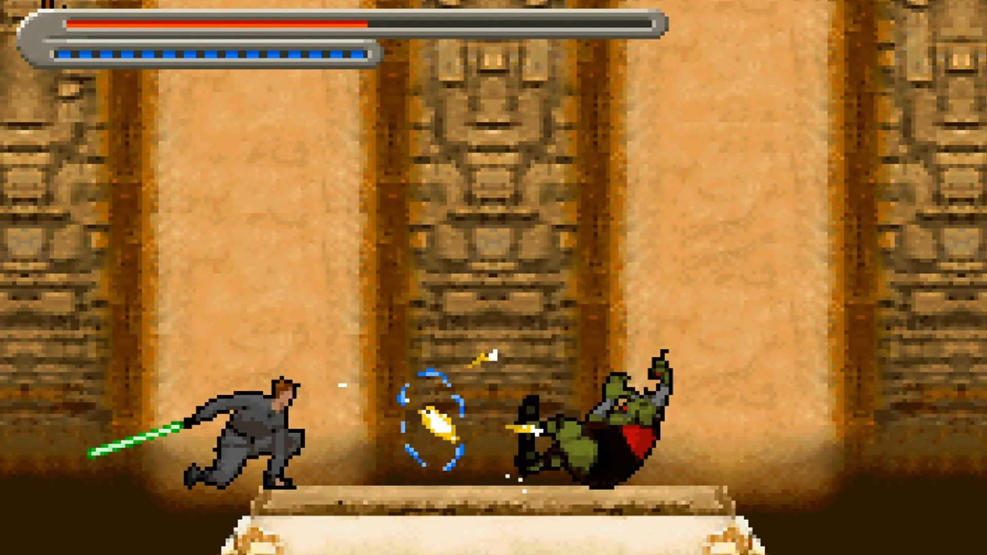 Cảnh chơi game Star Wars Trilogy: Apprentice of the Force trên Game Boy Advance, hiển thị nhân vật chính và môi trường 2D