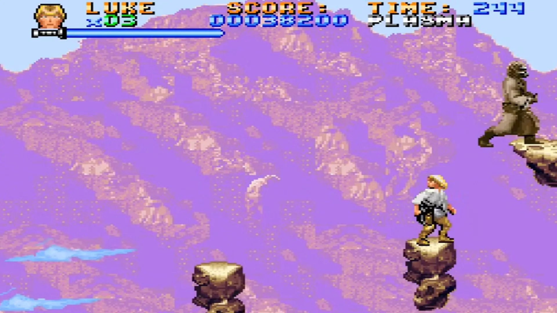 Cảnh chơi game Super Star Wars trên SNES với giao diện cổ điển và nhân vật Luke Skywalker