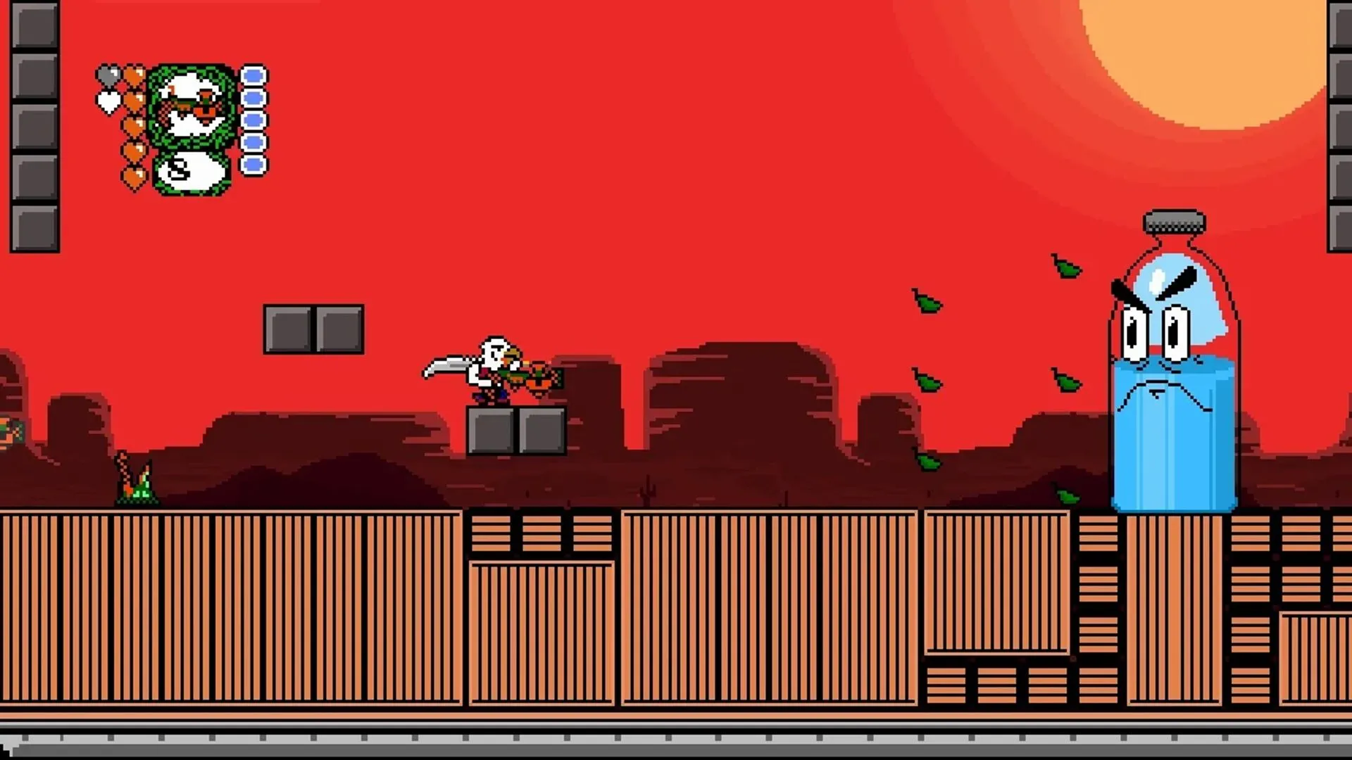 Cảnh chơi Revenge of the Bird King, một tựa game platformer hành động với nhân vật Dwayne mang phong cách đồ họa 16-bit cổ điển.