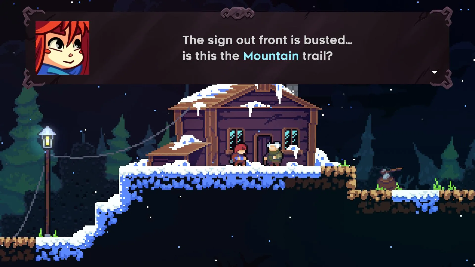Cảnh đối thoại giữa hai nhân vật trong cabin tuyết của game Celeste, thể hiện cốt truyện sâu sắc