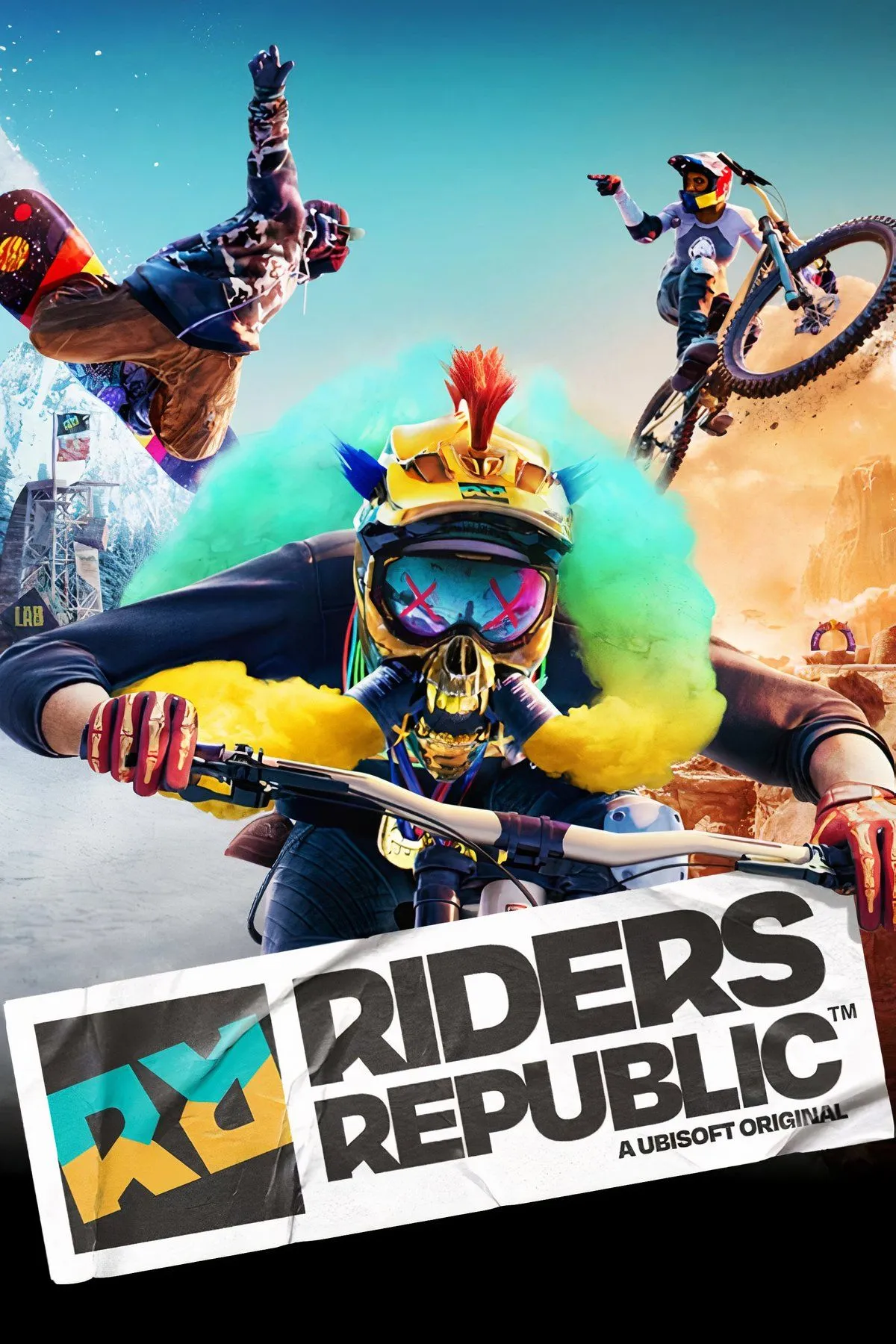 Cảnh đua xe đạp địa hình và lượn dù trong Riders Republic, game thể thao mạo hiểm nhiều người chơi.