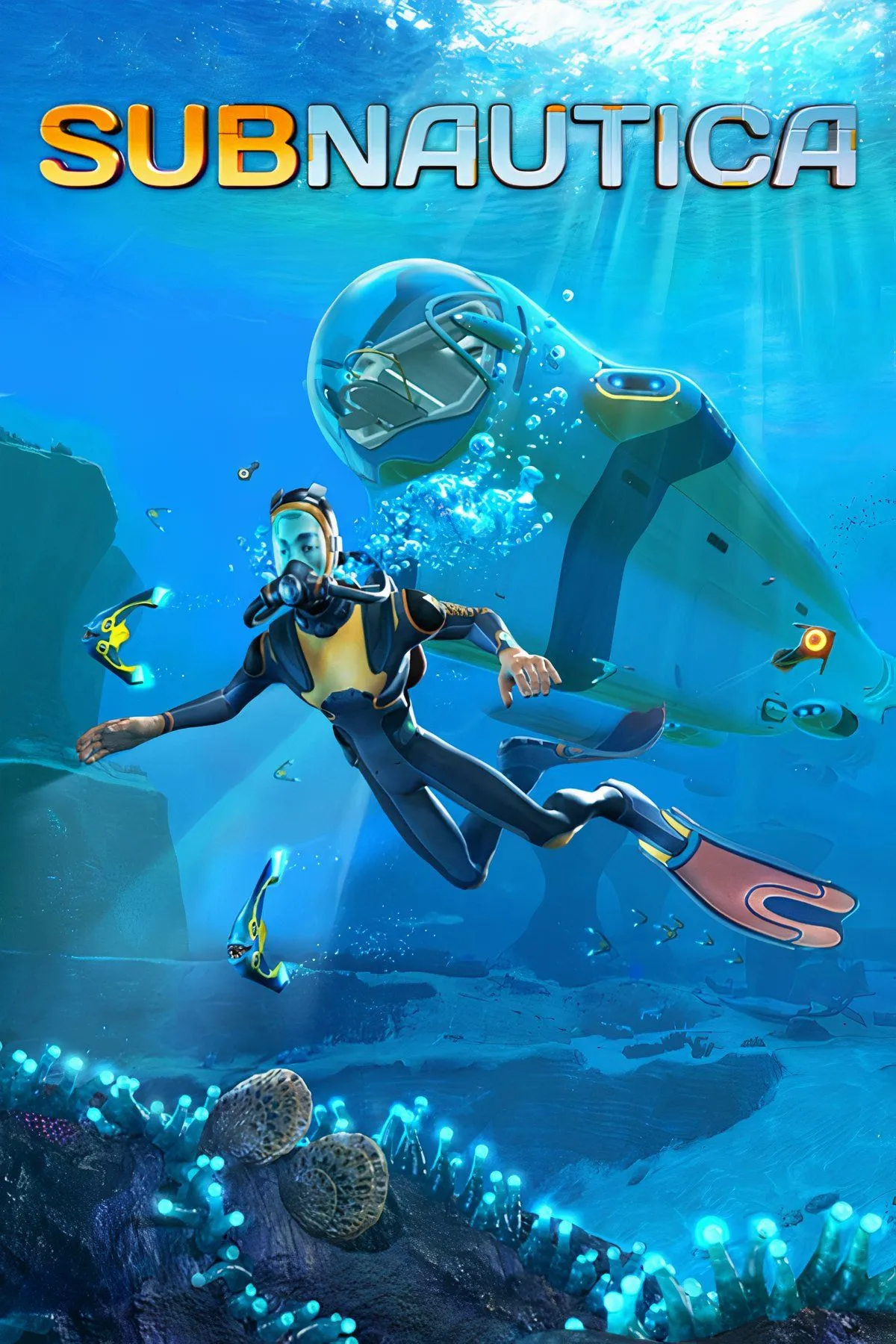 Cảnh dưới nước trong Subnautica với sinh vật lạ và thiết bị của người chơi