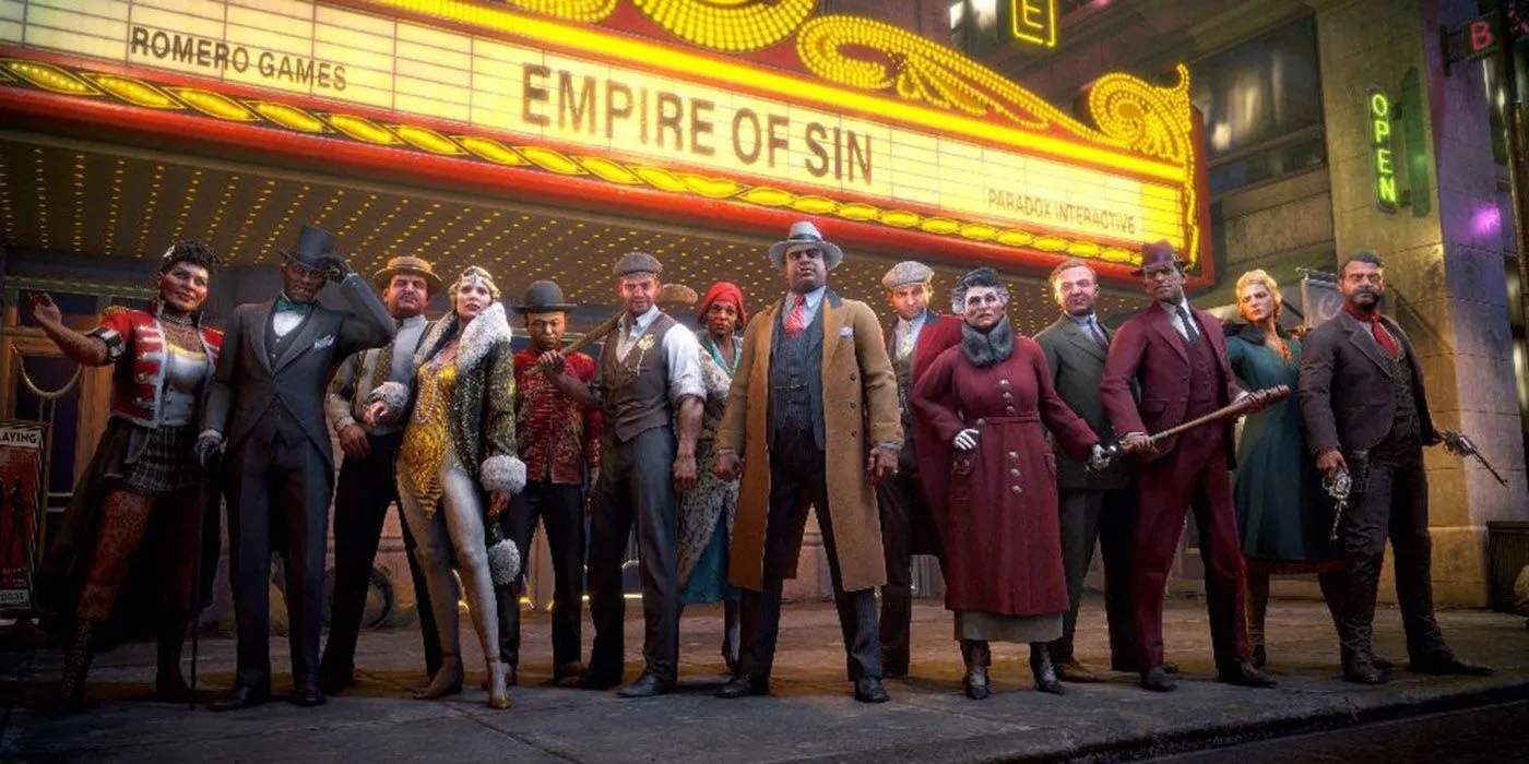 Cảnh game Empire of Sin bên ngoài nhà hát với tên game