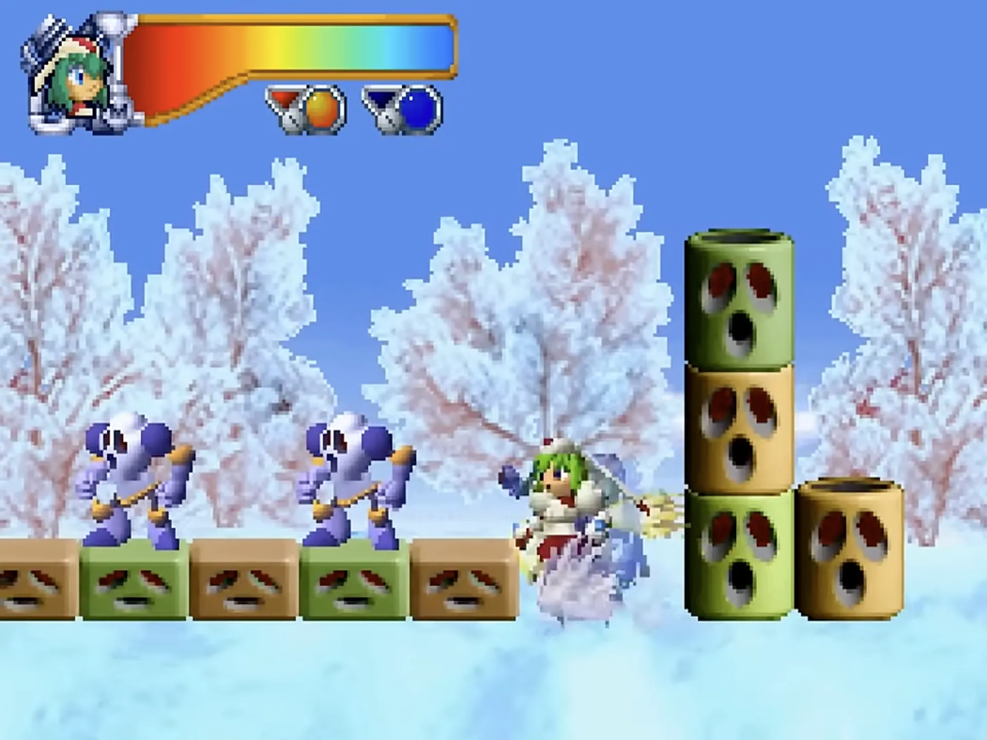 Cảnh game platformer Mischief Makers trên Nintendo 64, với nhân vật chính Marina Litwakov.