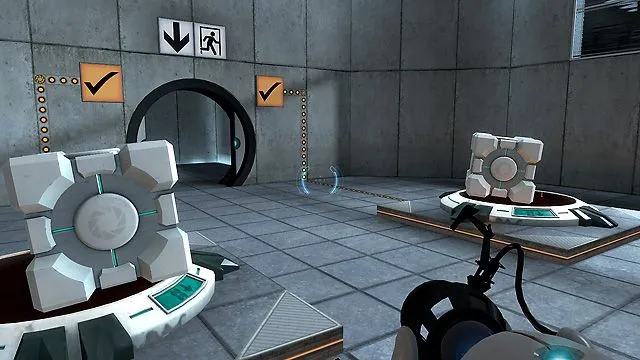 Cảnh game Portal với hai khối lập phương trên công tắc áp lực