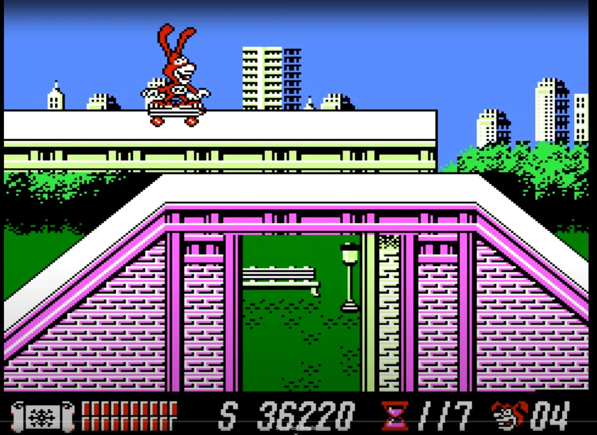 Cảnh gameplay của Yo! Noid trên NES, nhân vật Noid đang trượt ván