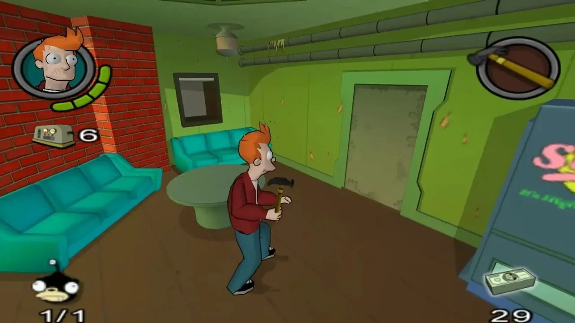 Cảnh gameplay Futurama với nhân vật Bender và Fry trong một khu vực đô thị tương lai