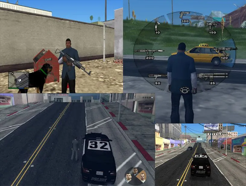 Cảnh gameplay Grand Theft Auto V Legacy, tái hiện thành phố Los Santos và UI của GTA V trên nền tảng đồ họa PS2
