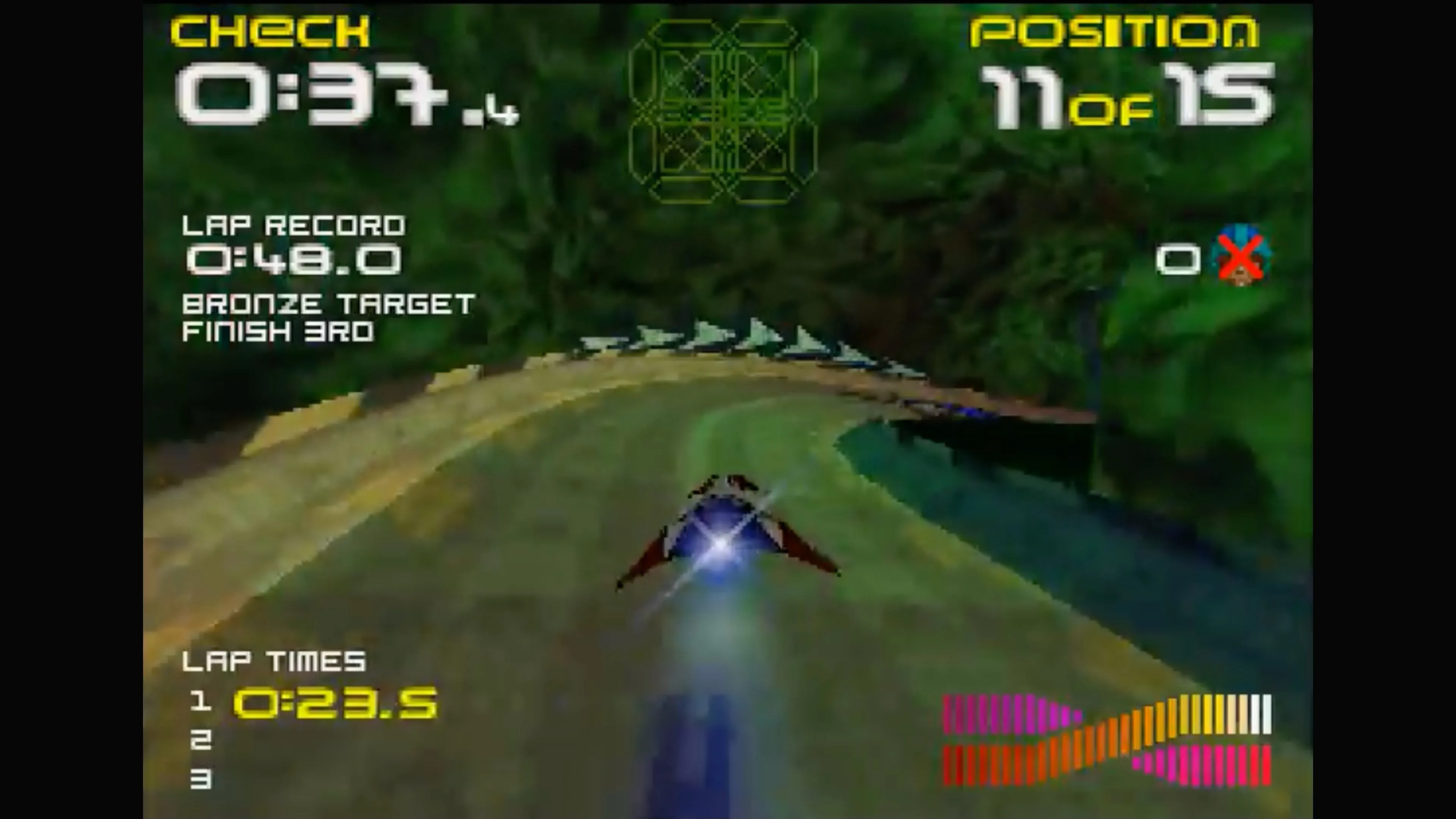 Cảnh gameplay tốc độ cao từ tựa game đua xe Wipeout 64 trên Nintendo 64