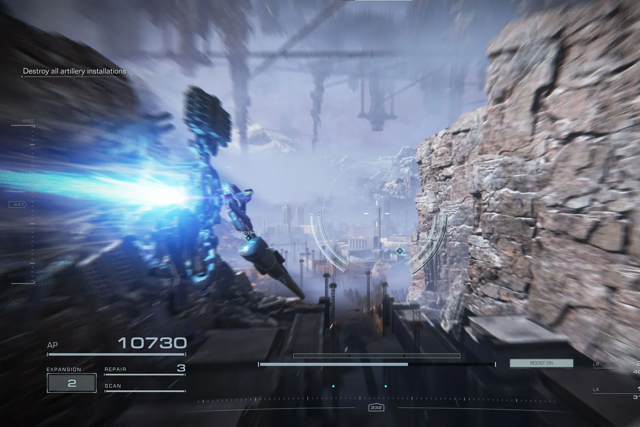 Cảnh gameplay từ game Armored Core 6, minh họa đồ họa và trải nghiệm hình ảnh trong game hiện đại.