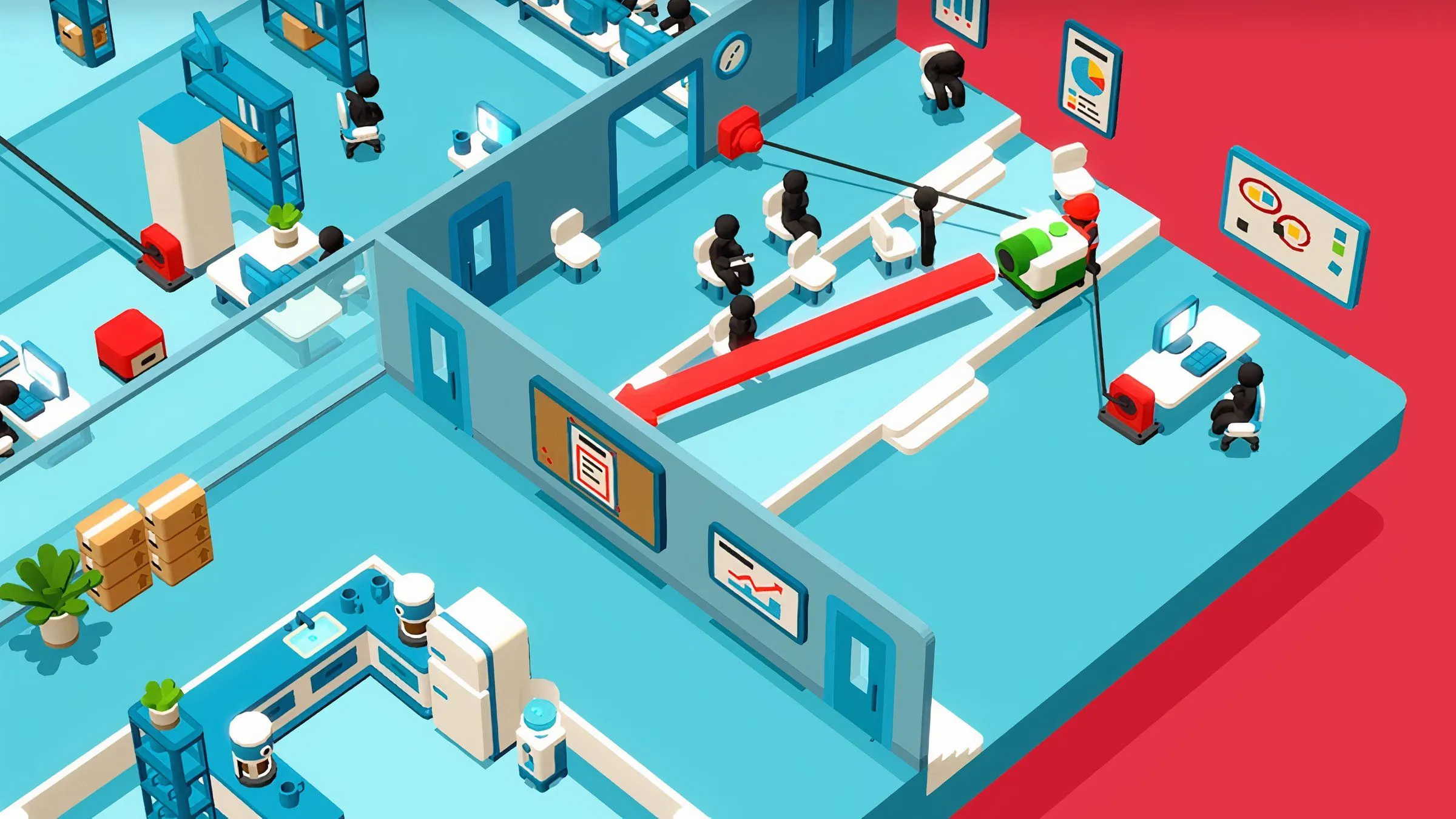 Cảnh gameplay vui nhộn trong game Good Job! với nhân vật đang phá hủy văn phòng
