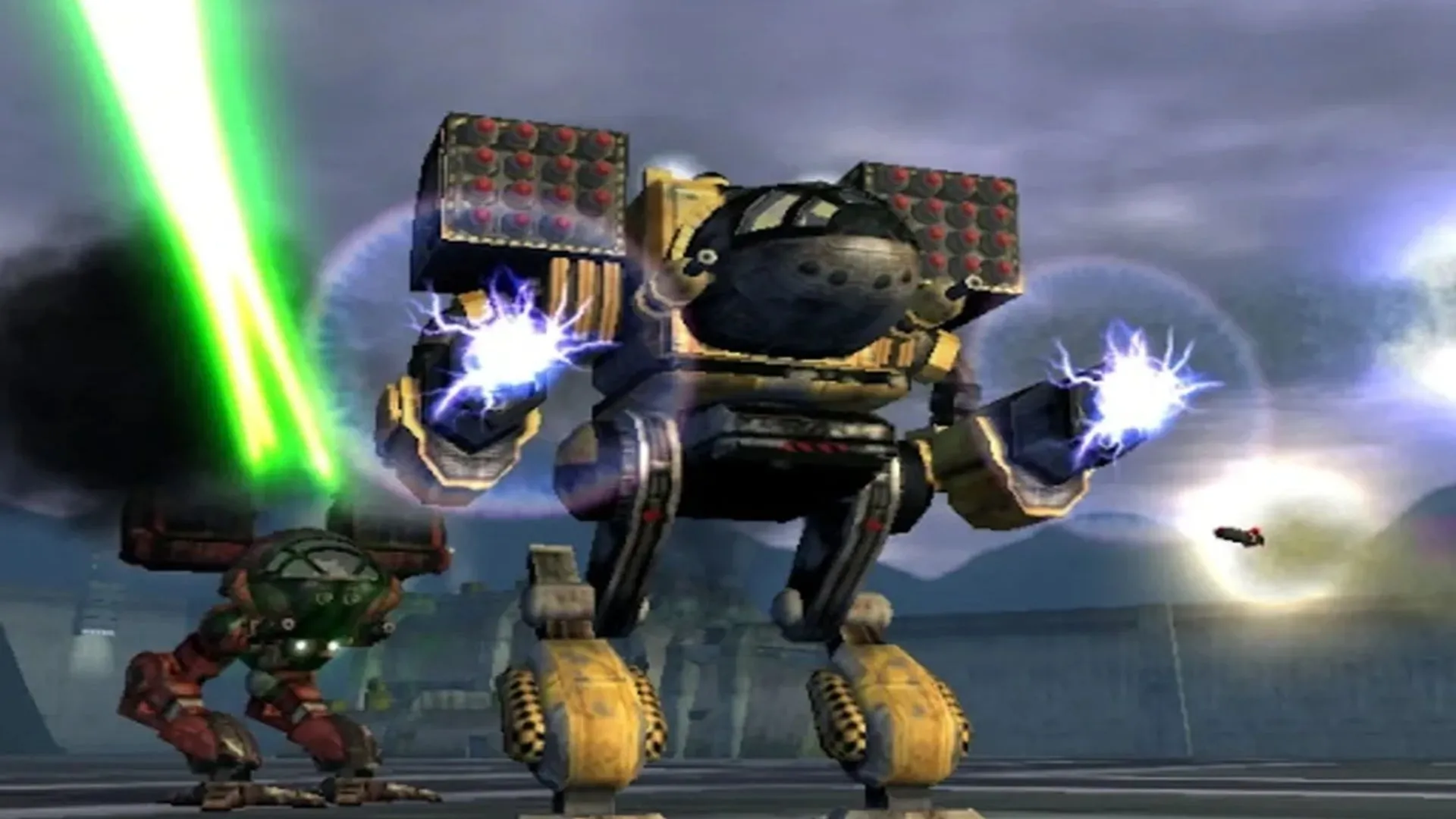Cảnh hai cỗ máy chiến đấu khổng lồ (mech) trong tựa game MechAssault trên Xbox Original