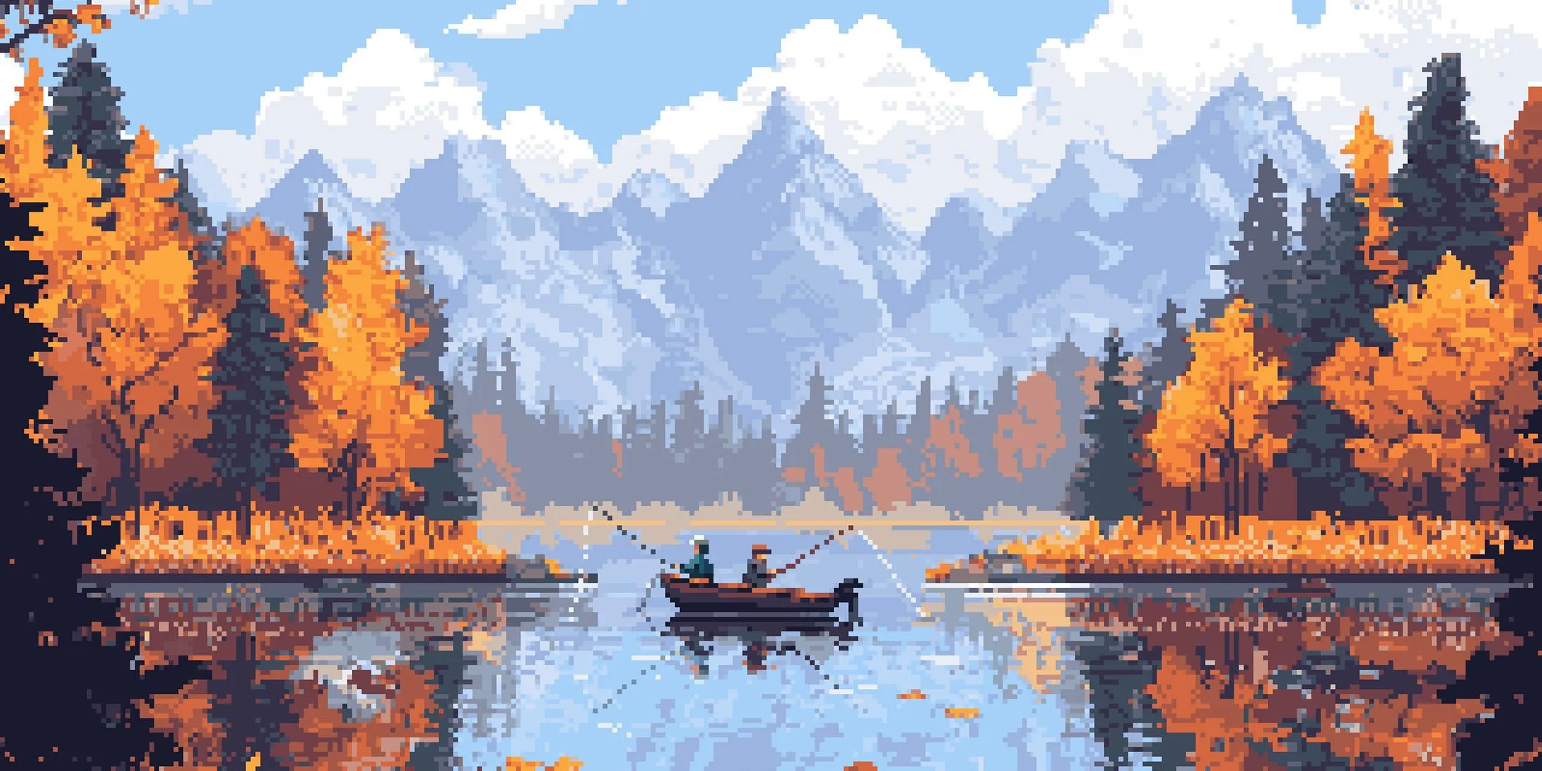 Cảnh hai nhân vật câu cá trong game Cast n Chill, thể hiện lối chơi thư giãn