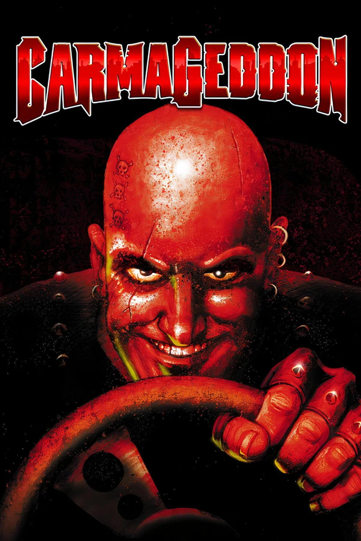 Cảnh một chiếc xe đang gây hỗn loạn trong game đua xe chiến đấu Carmageddon (1997) với đồ họa pixel.