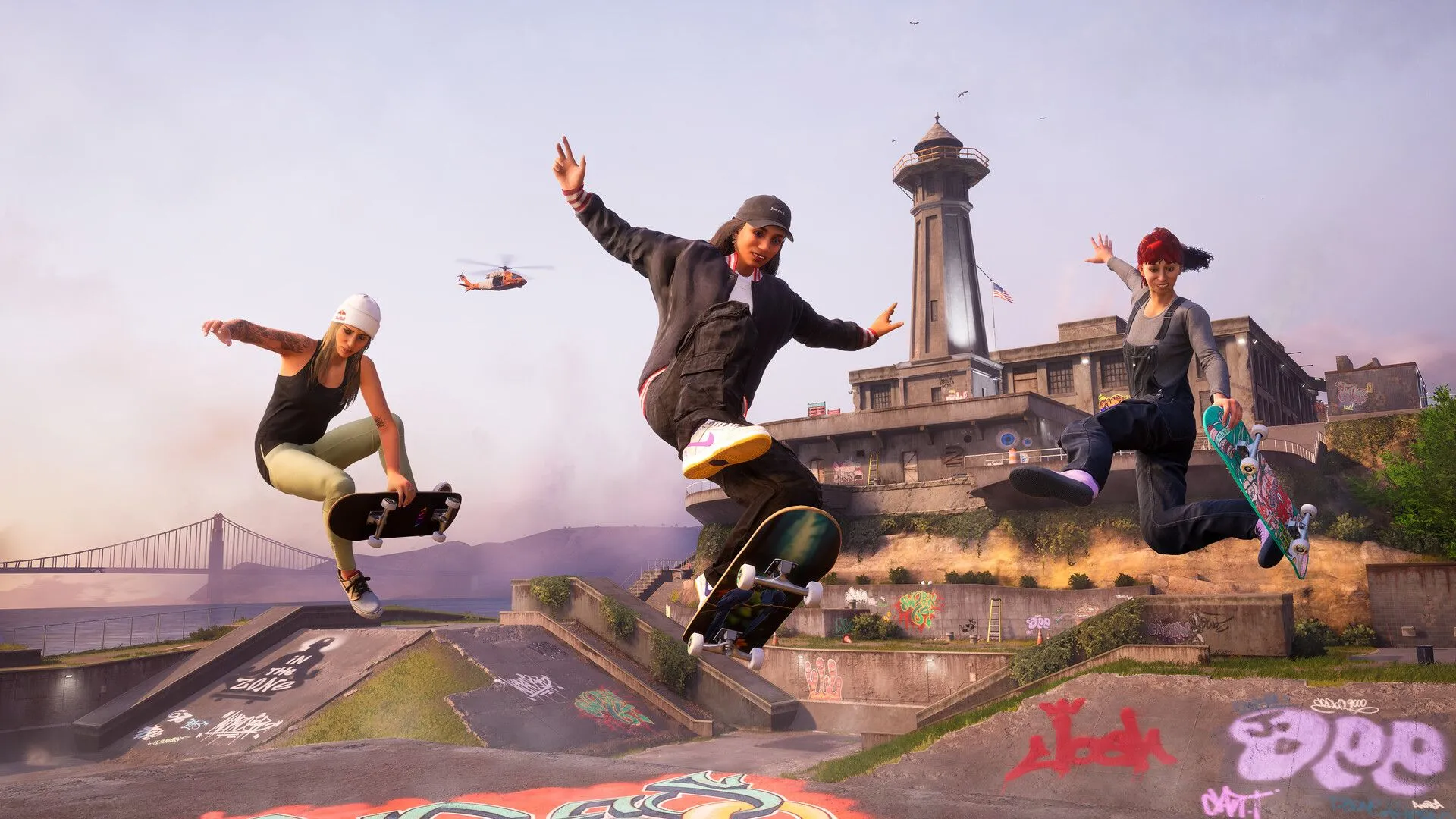Cảnh một vận động viên trượt ván đang thực hiện động tác grind trên lan can trong Tony Hawk's Pro Skater 3 + 4