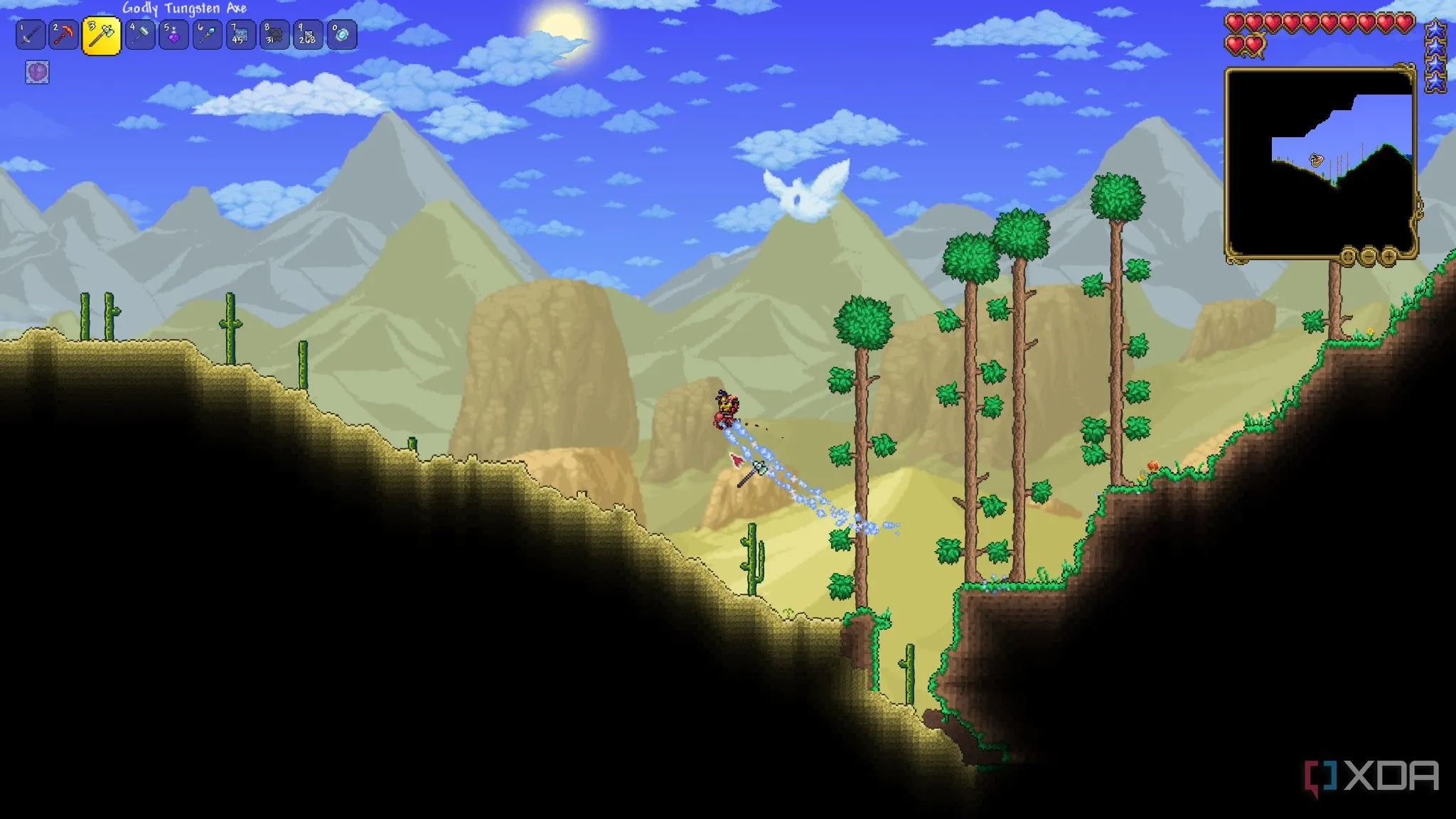 Cảnh người chơi khám phá quần xã sa mạc trong Terraria, minh họa đồ họa pixel kinh điển