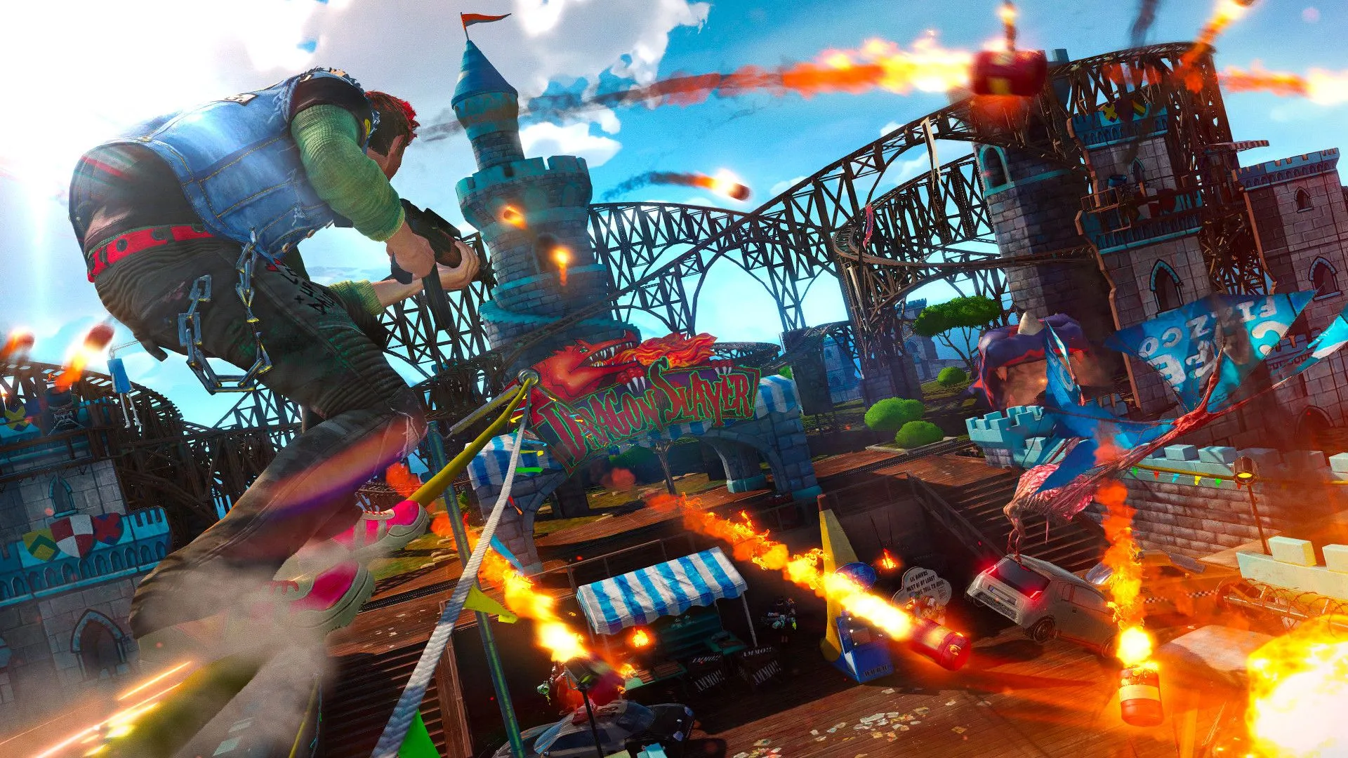 Cảnh nhân vật thực hiện pha trượt rail hành động tốc độ cao trong Sunset Overdrive, thể hiện lối di chuyển linh hoạt của game.