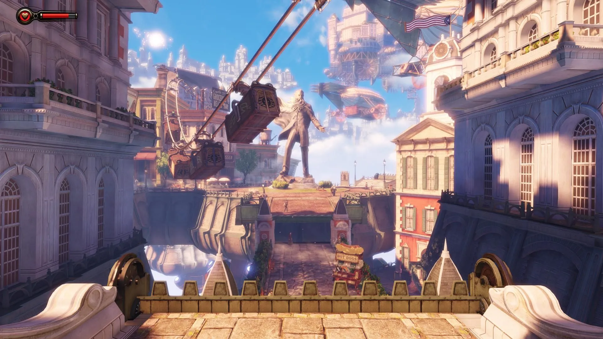 Cảnh quan ấn tượng của thành phố trên không Columbia trong tựa game BioShock Infinite, một ví dụ về game tuyến tính với nghệ thuật xuất sắc.