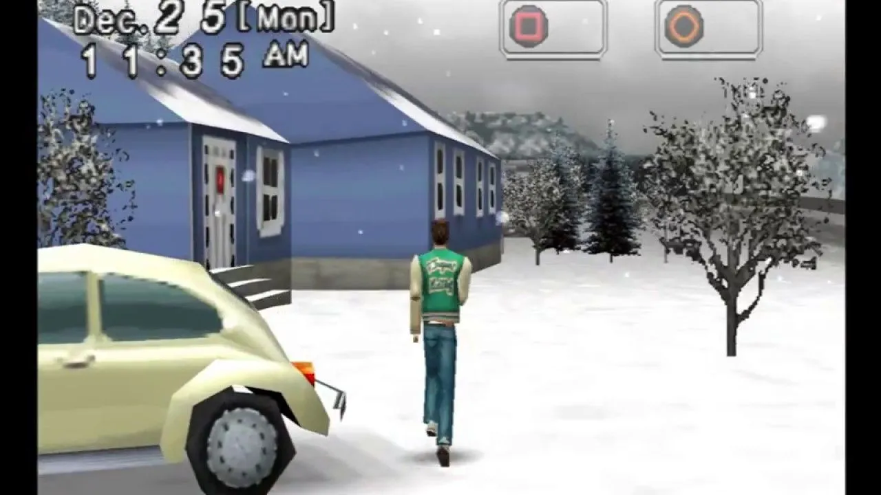 Cảnh quan vùng núi tuyết trong Mizzurna Falls, với một ngôi nhà và chiếc xe hơi, minh họa bối cảnh game thế giới mở bí ẩn của PS1 chỉ phát hành ở Nhật.