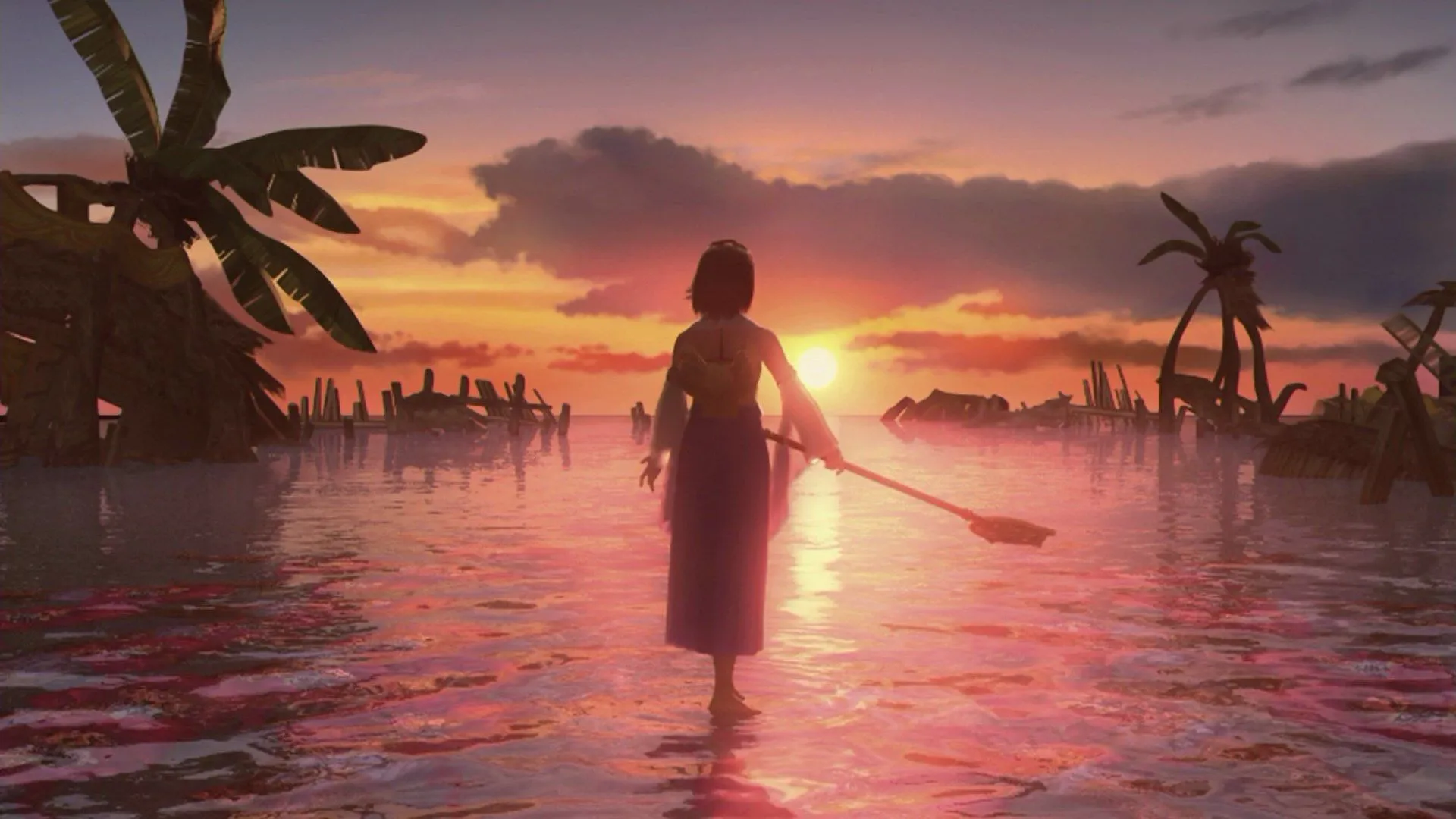 Cảnh quay gameplay Final Fantasy X với Tidus, Yuna và Wakka trong thế giới Spira