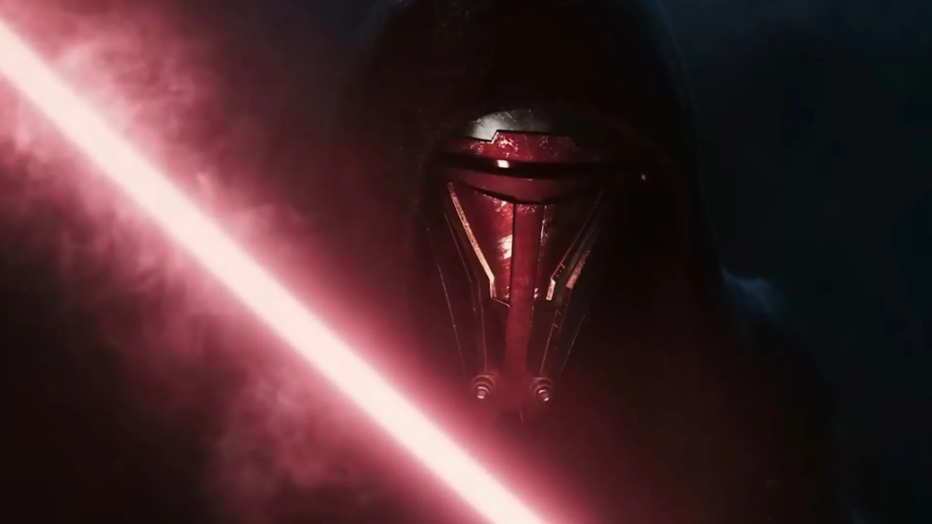 Cảnh quay từ trailer Star Wars: Knights of the Old Republic Remake, nổi bật hình ảnh Revan trong không gian đầy kịch tính của xung đột Jedi và Sith.