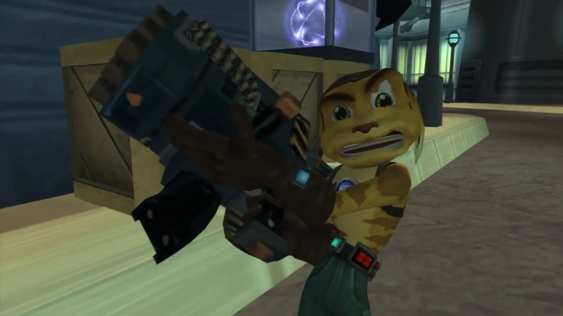 Cảnh Ratchet cầm khẩu RYNO trong game Ratchet &amp; Clank