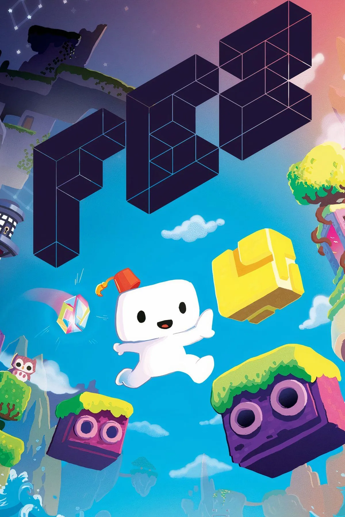 Cảnh thế giới pixel đầy màu sắc trong game FEZ, với nhân vật chính Gomez